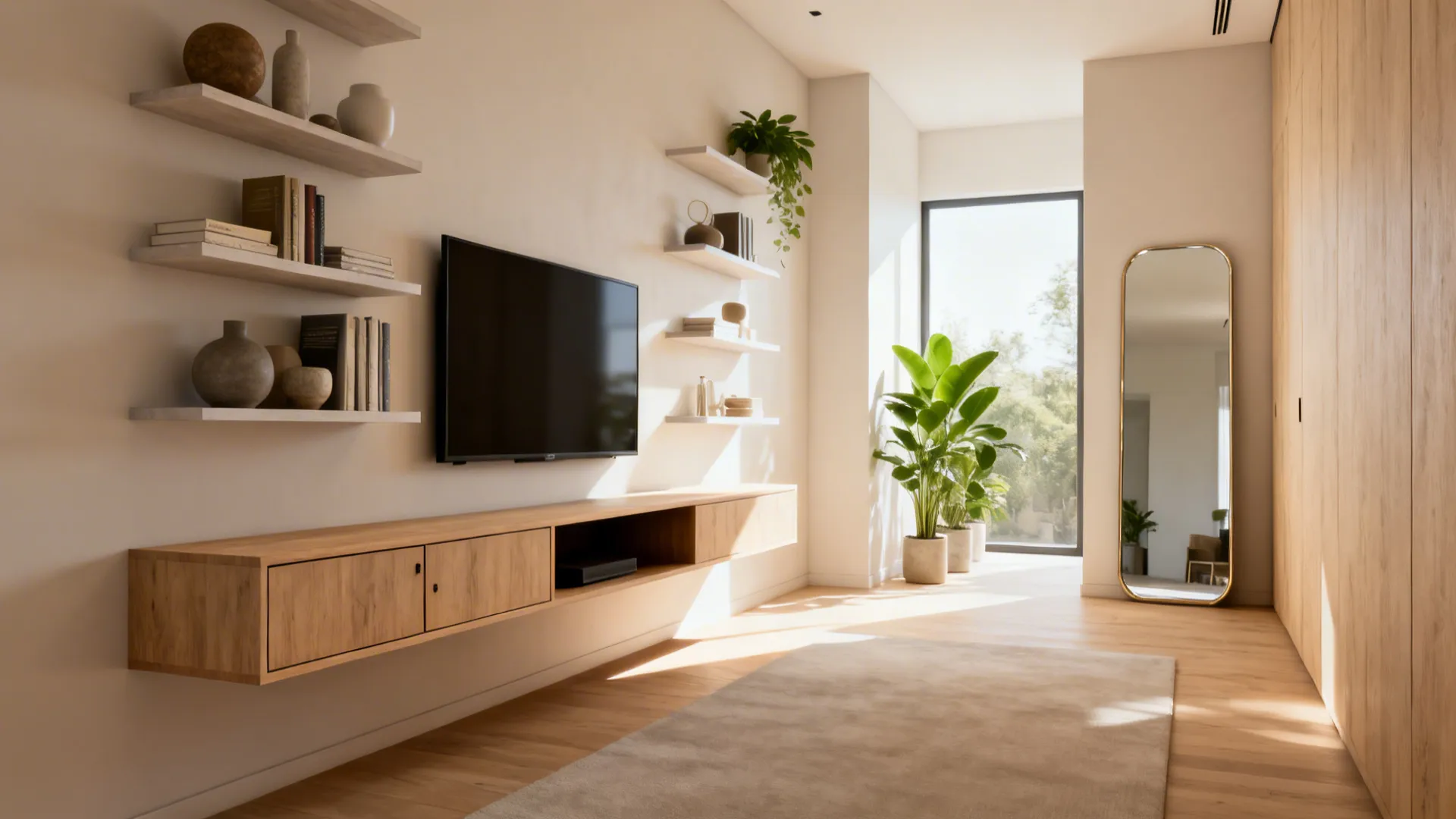 Narrow living room with floating media unit and staggered wall shelves creating a lighter visual field