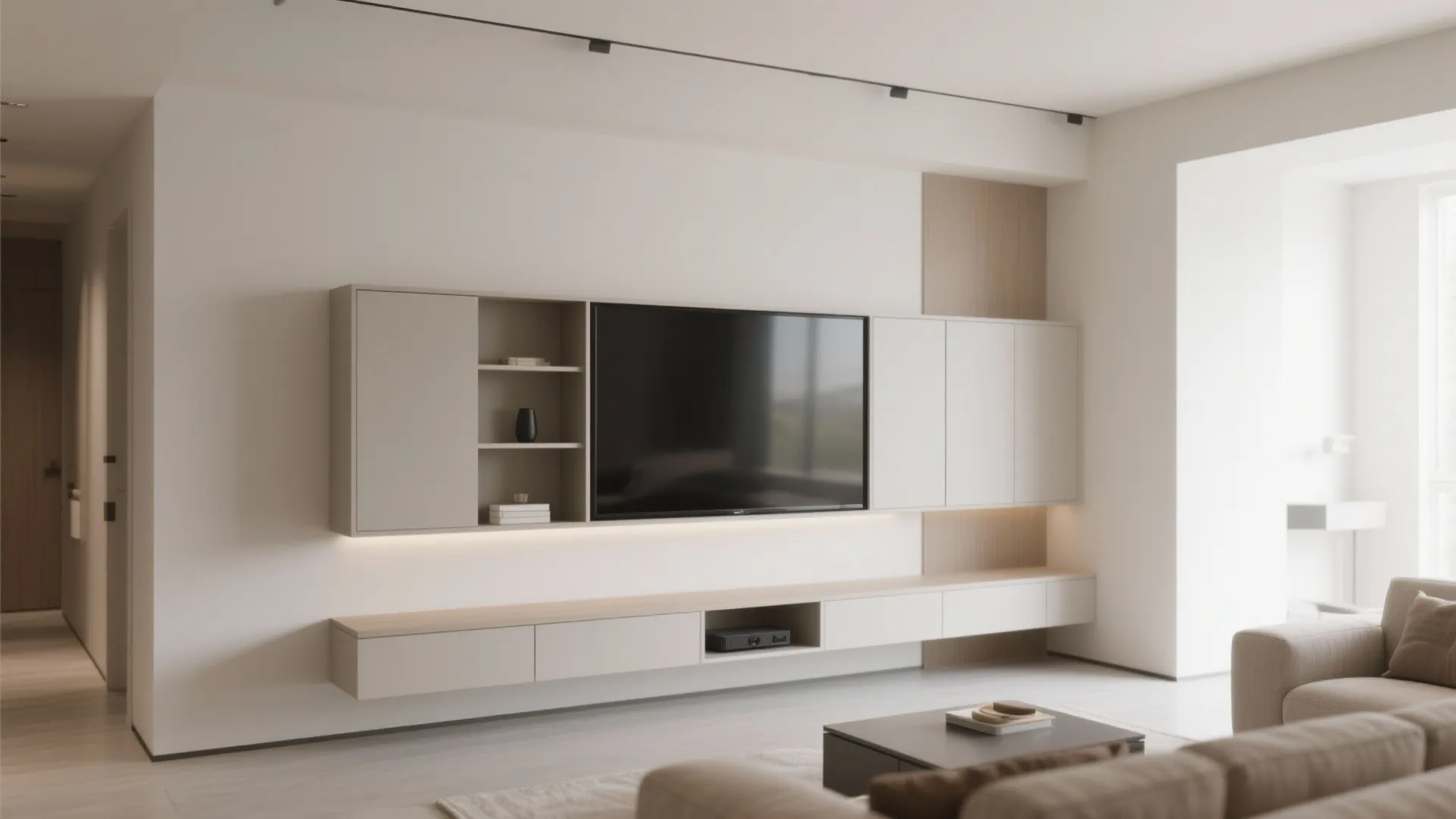 Modern living room wall with large television screen cream cabinet storage and soft warm lighting