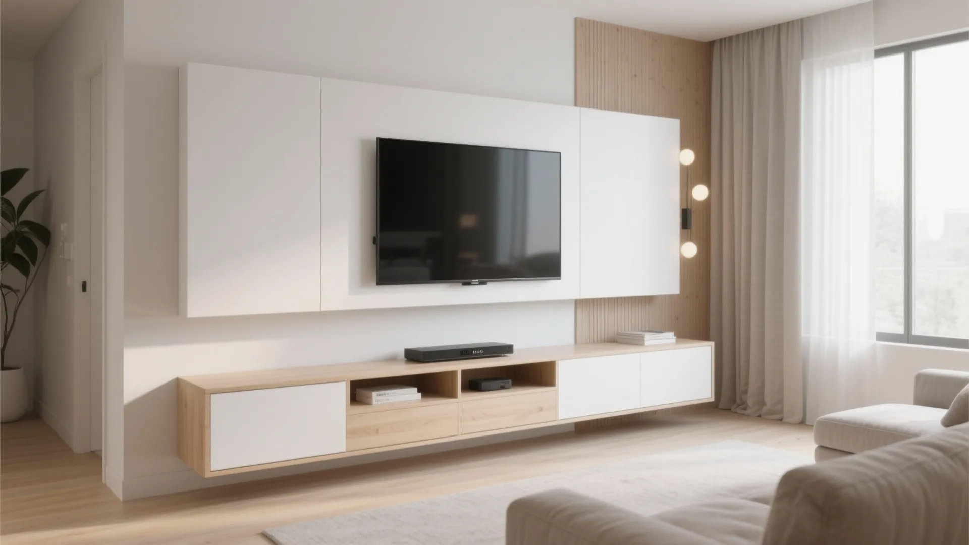 Modern living room with wall mounted TV, white panels, floating wooden cabinet, and beige sofa