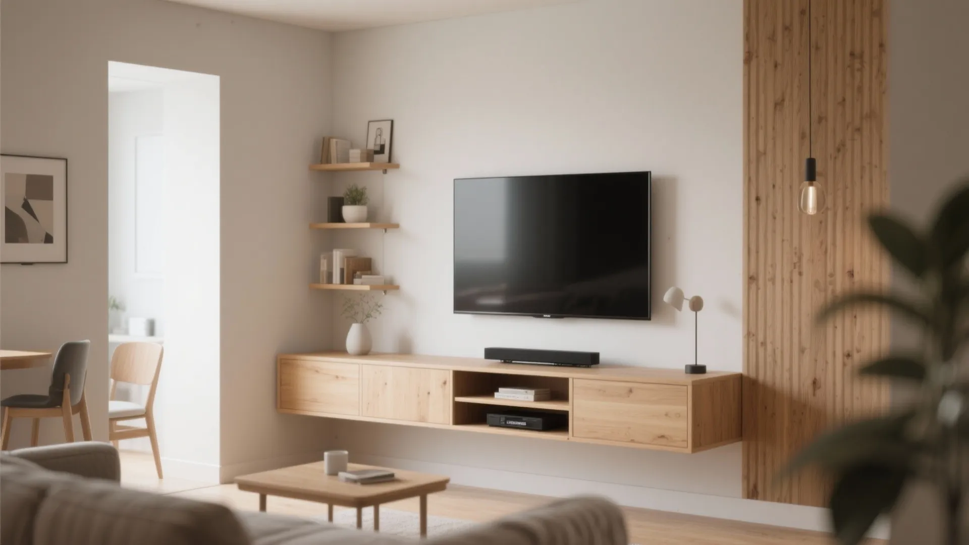 Wall mounted wooden cabinet with television open shelves wood wall panel small table and light