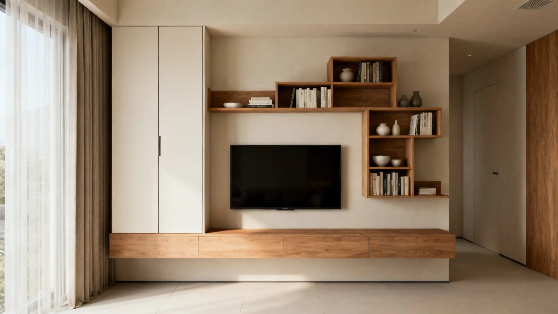 1. Floating Media Unit with Integrated Shelves