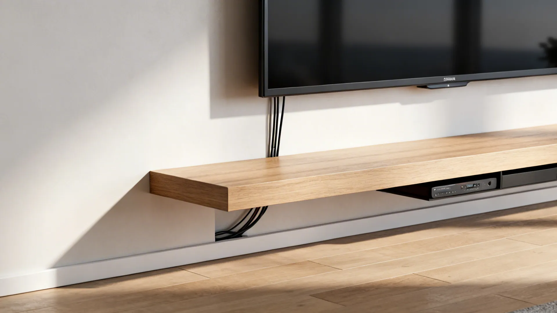 Floating media shelf under a corner-mounted TV with concealed cables and clean modern storage.