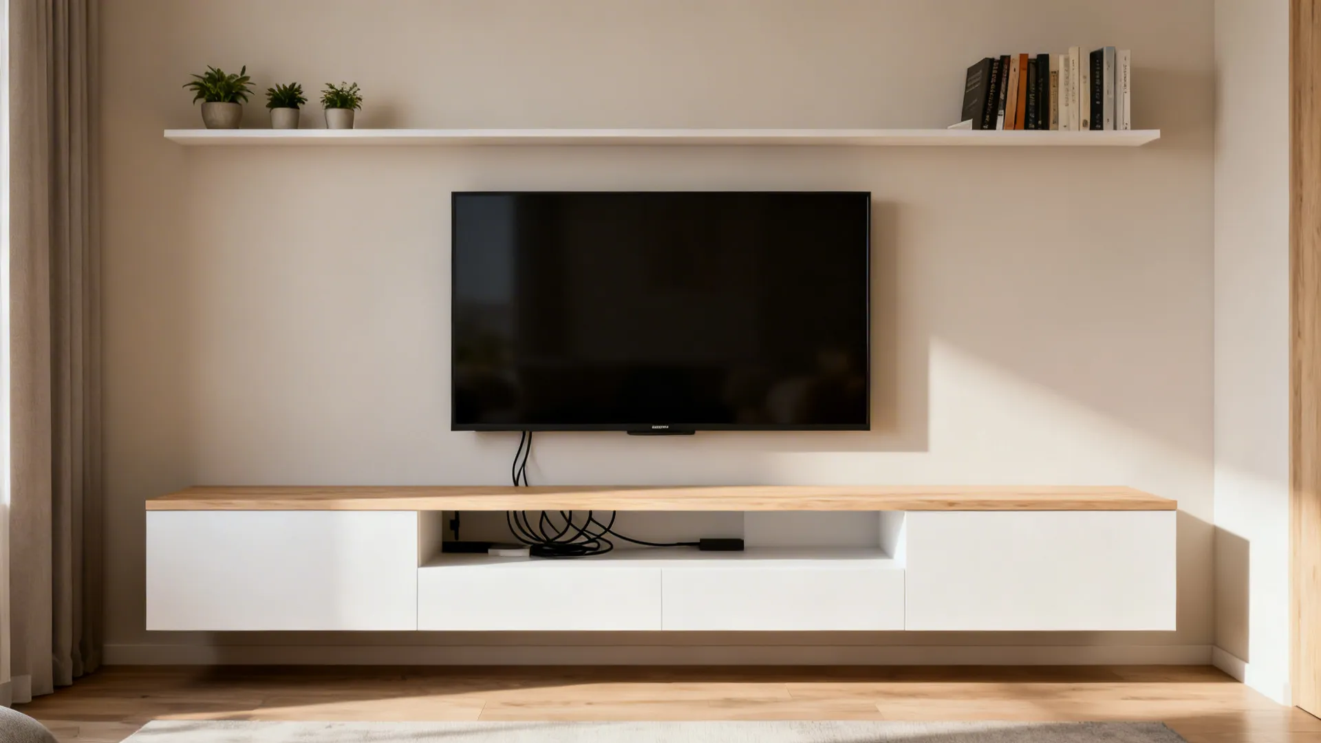 Modern interior design with wall mounted television white floating cabinet wood top and wall shelf