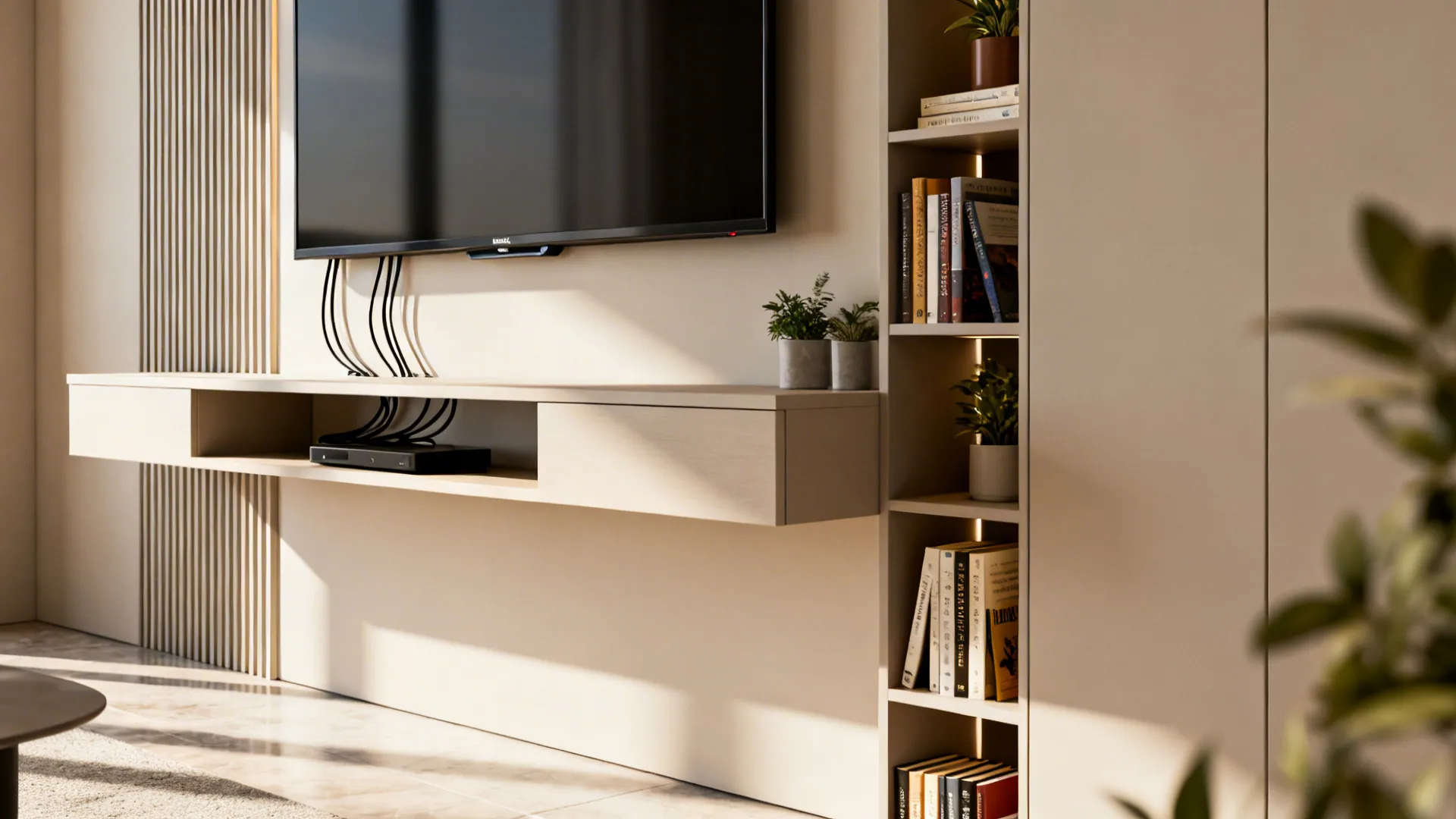 Floating media console under a mounted TV with tall vertical shelving beside it