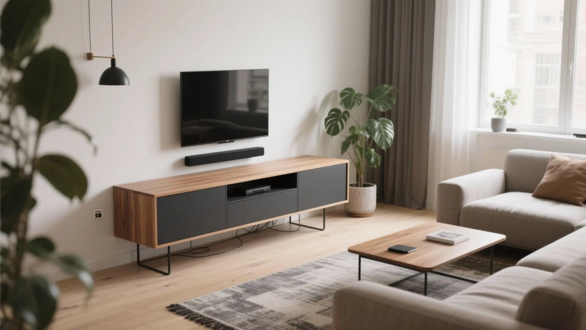 Floating media wall with slim storage