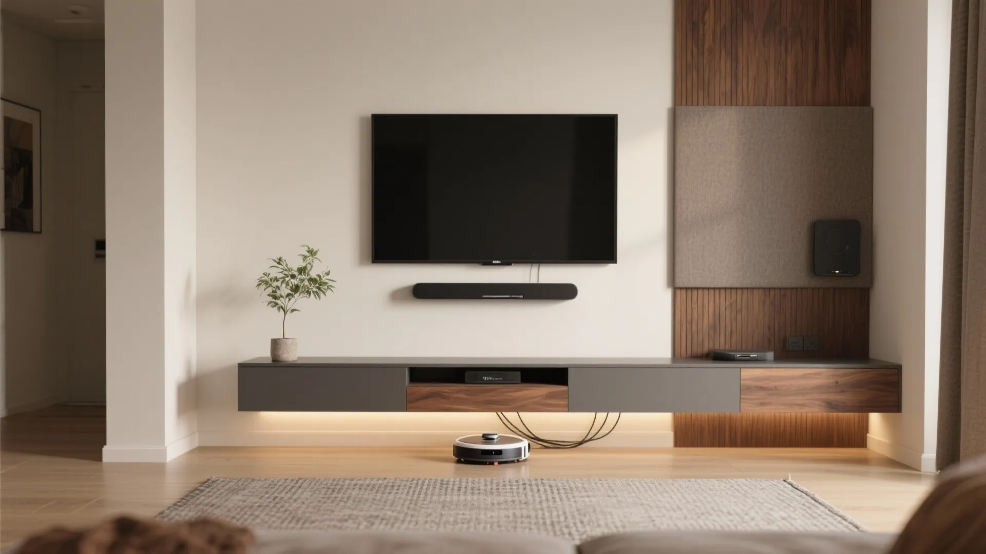 Minimal media wall with a floating console