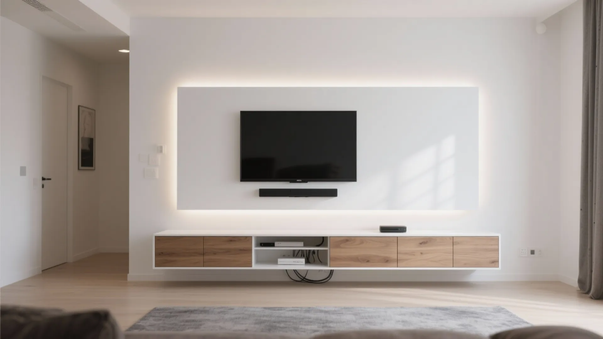 1) Floating Media Wall With Hidden Lighting