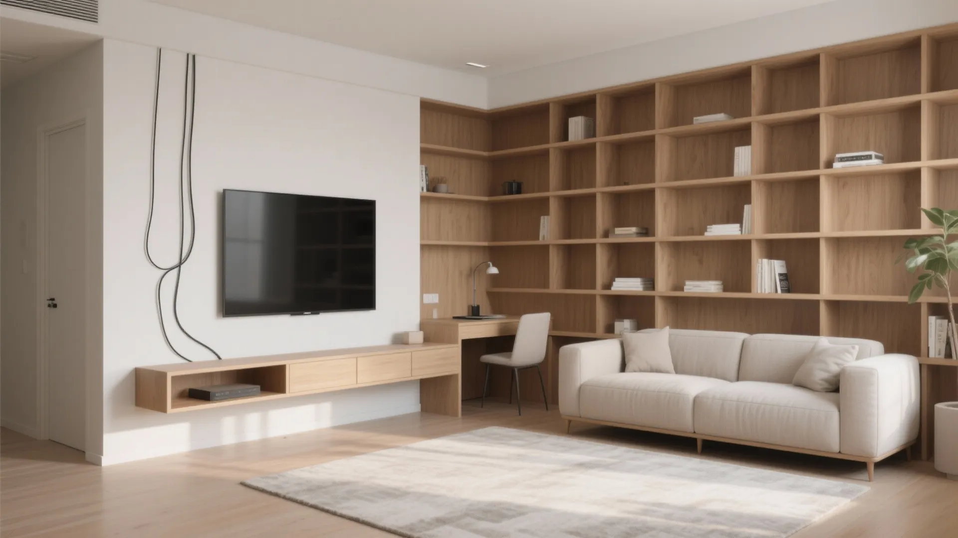 Modern living room featuring a wall mounted television large wooden bookshelf sofa and study desk
