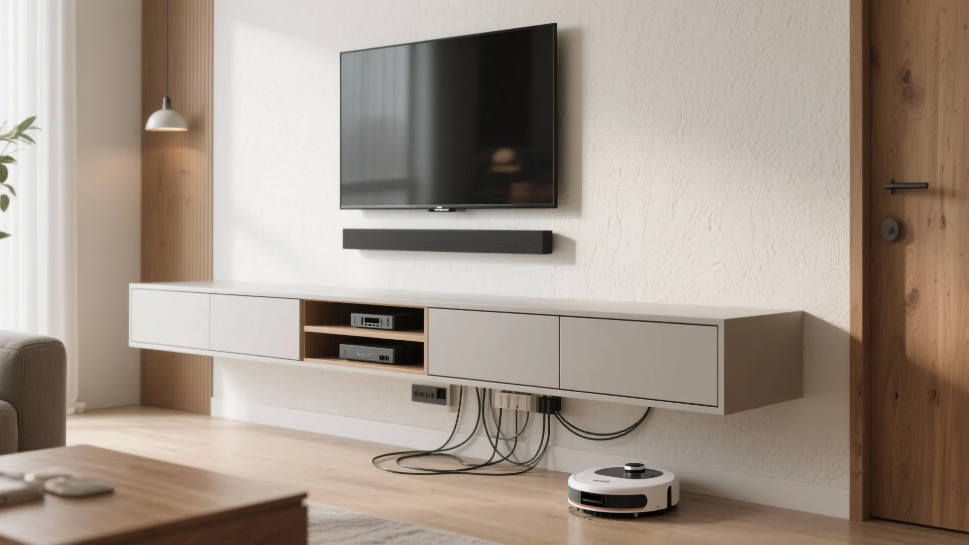 Floating media wall with hidden storage