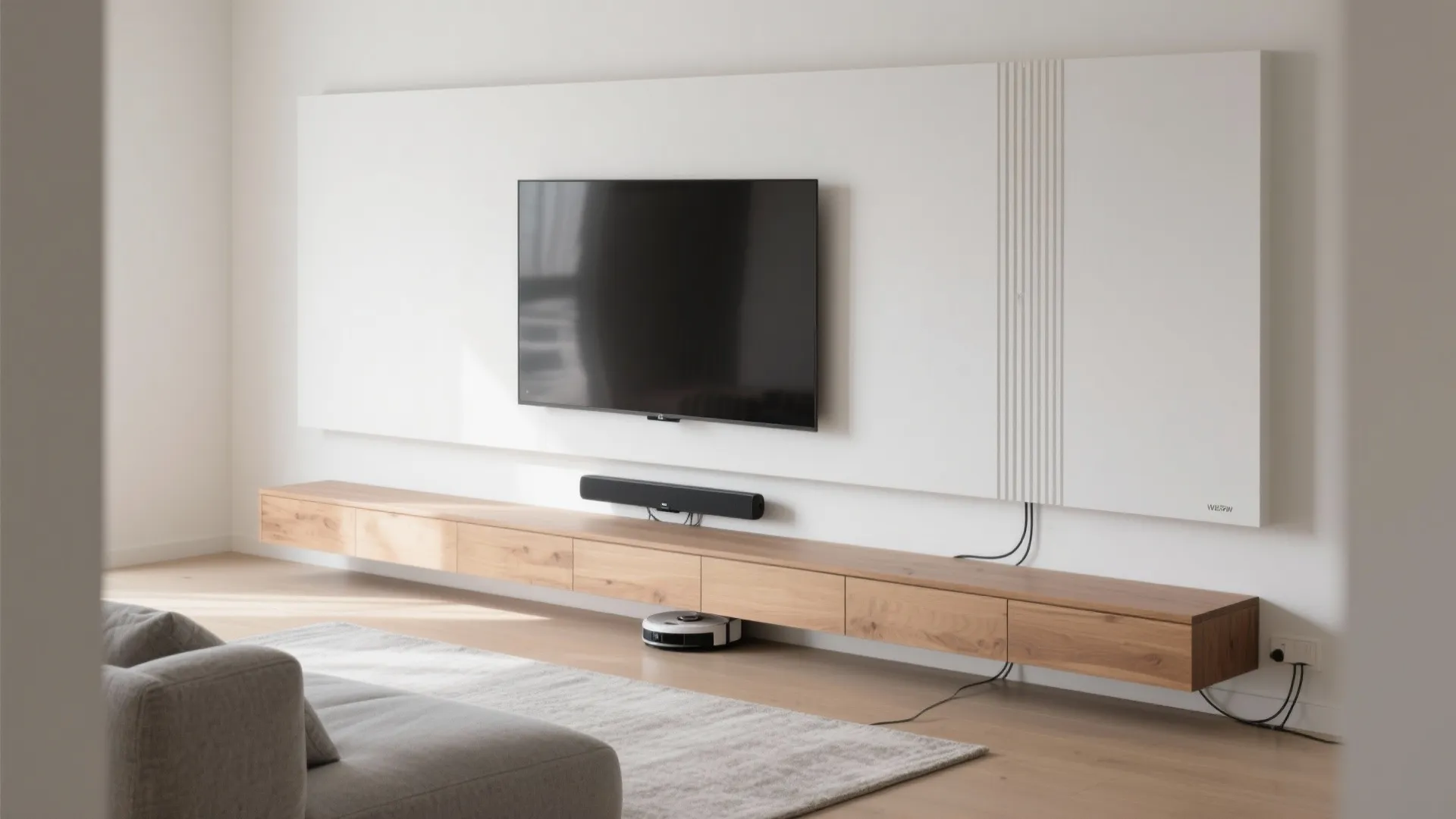 1) Minimalist floating media wall with hidden cable spine