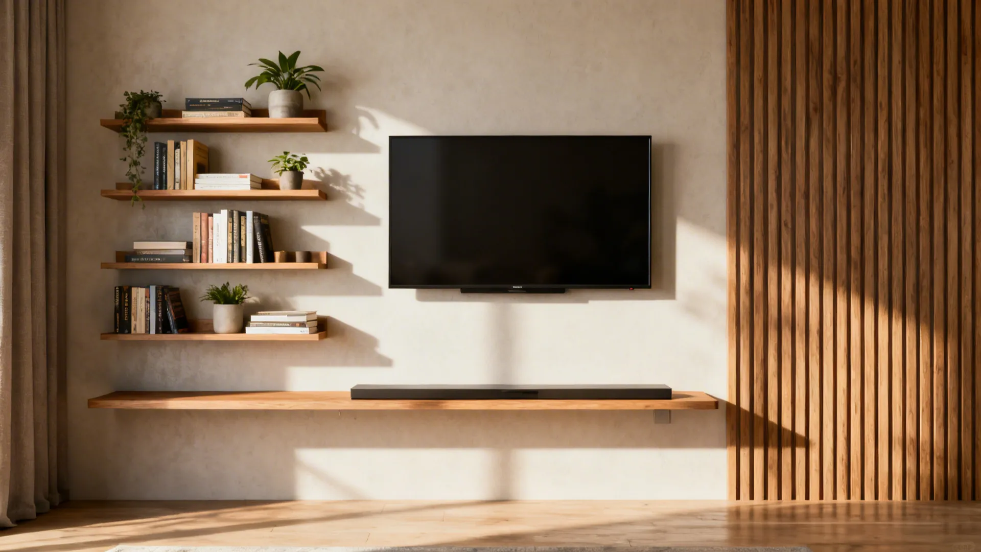 3. Wall-mounted media and shelving to free the floor