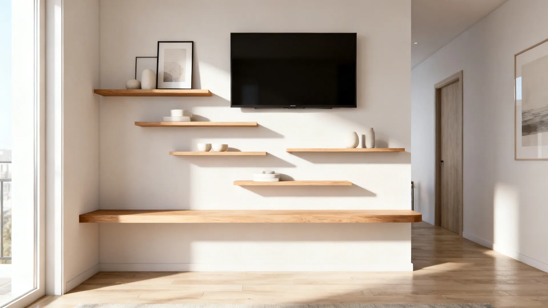 Floating media console with staggered mounted shelves in a compact living room