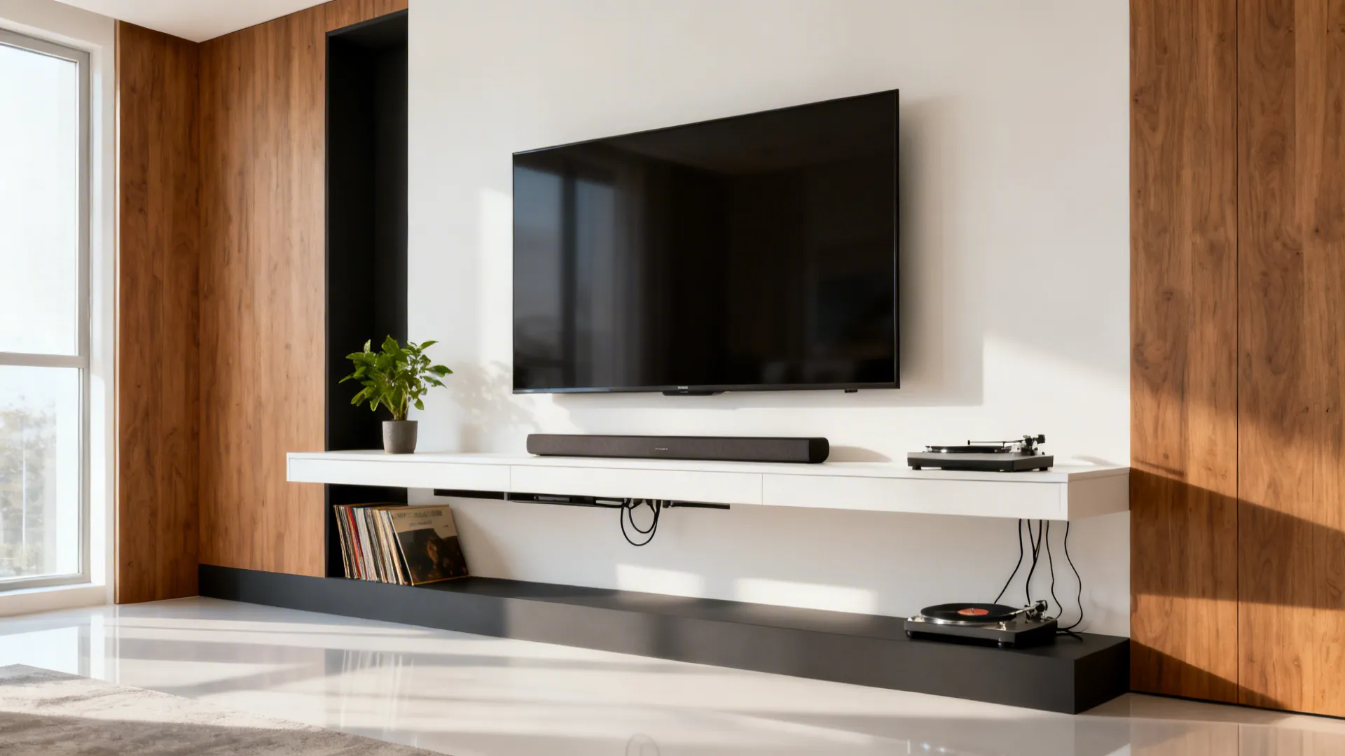 Minimal floating TV console with hidden cables and a slim soundbar in a bright living room.