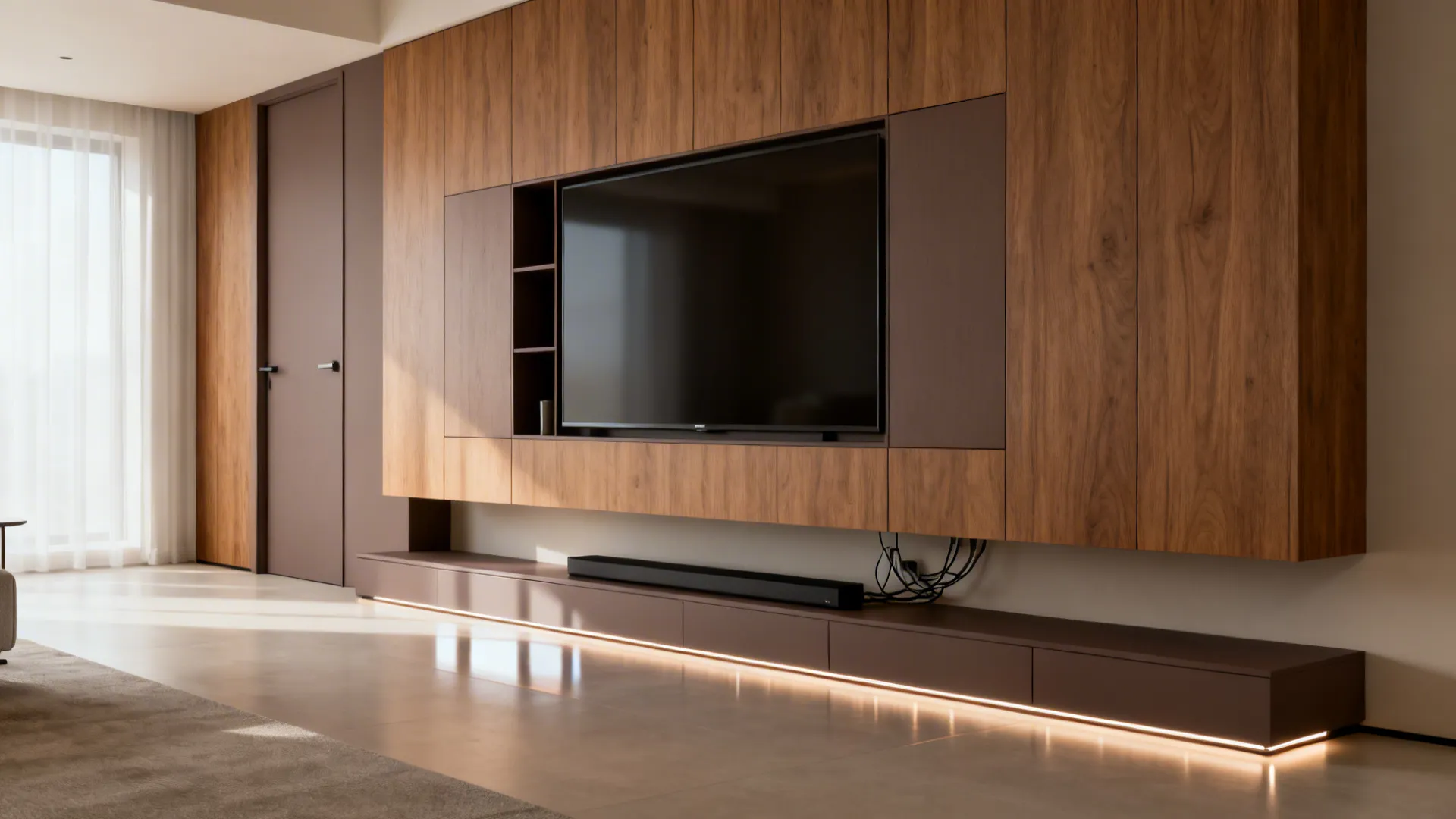 Floating media wall with matte cabinets, LED toe-kick, and concealed cable panels in a modern living room.