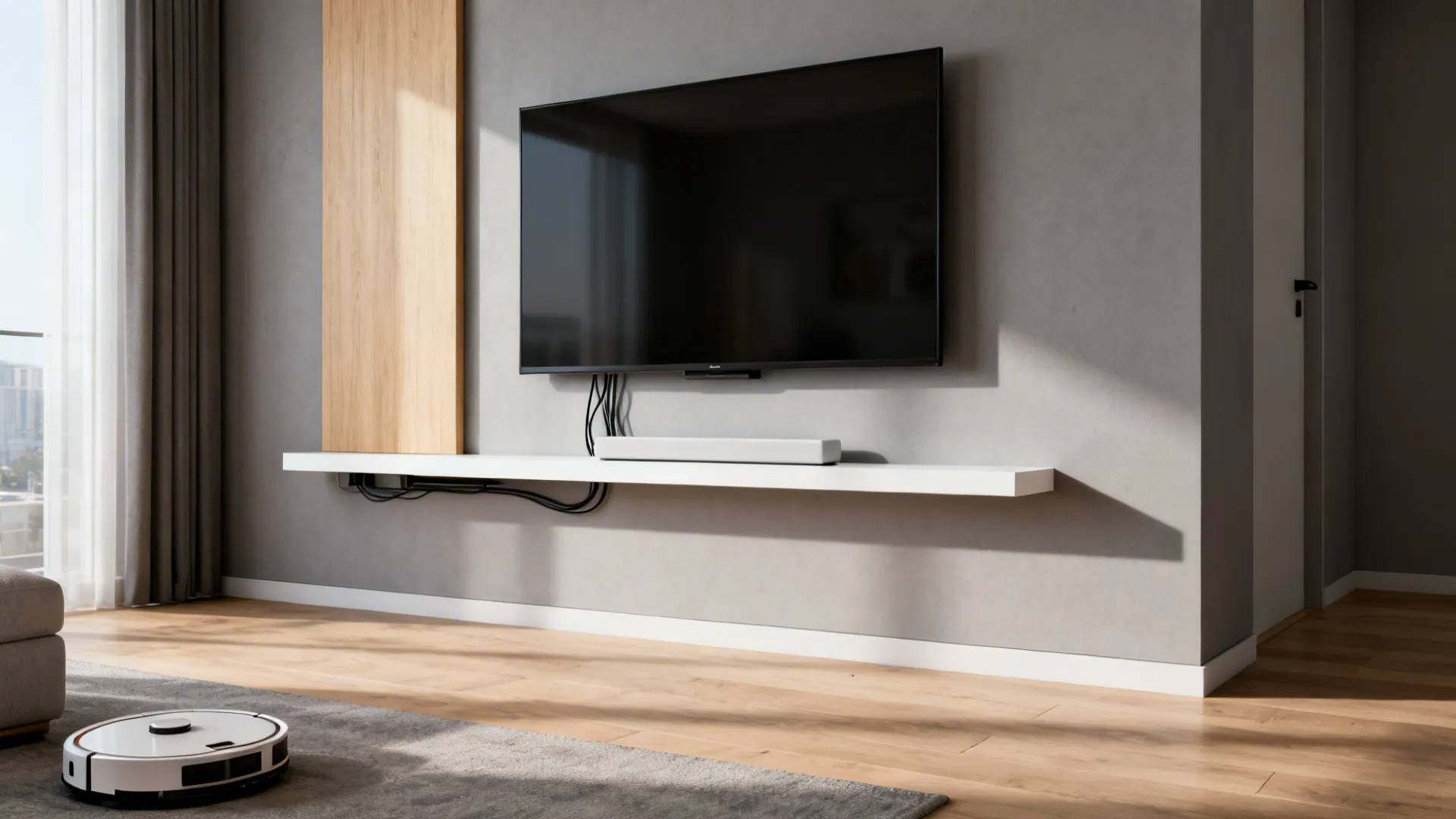 Floating TV panel with hidden wires and slim soundbar shelf in a small living room.