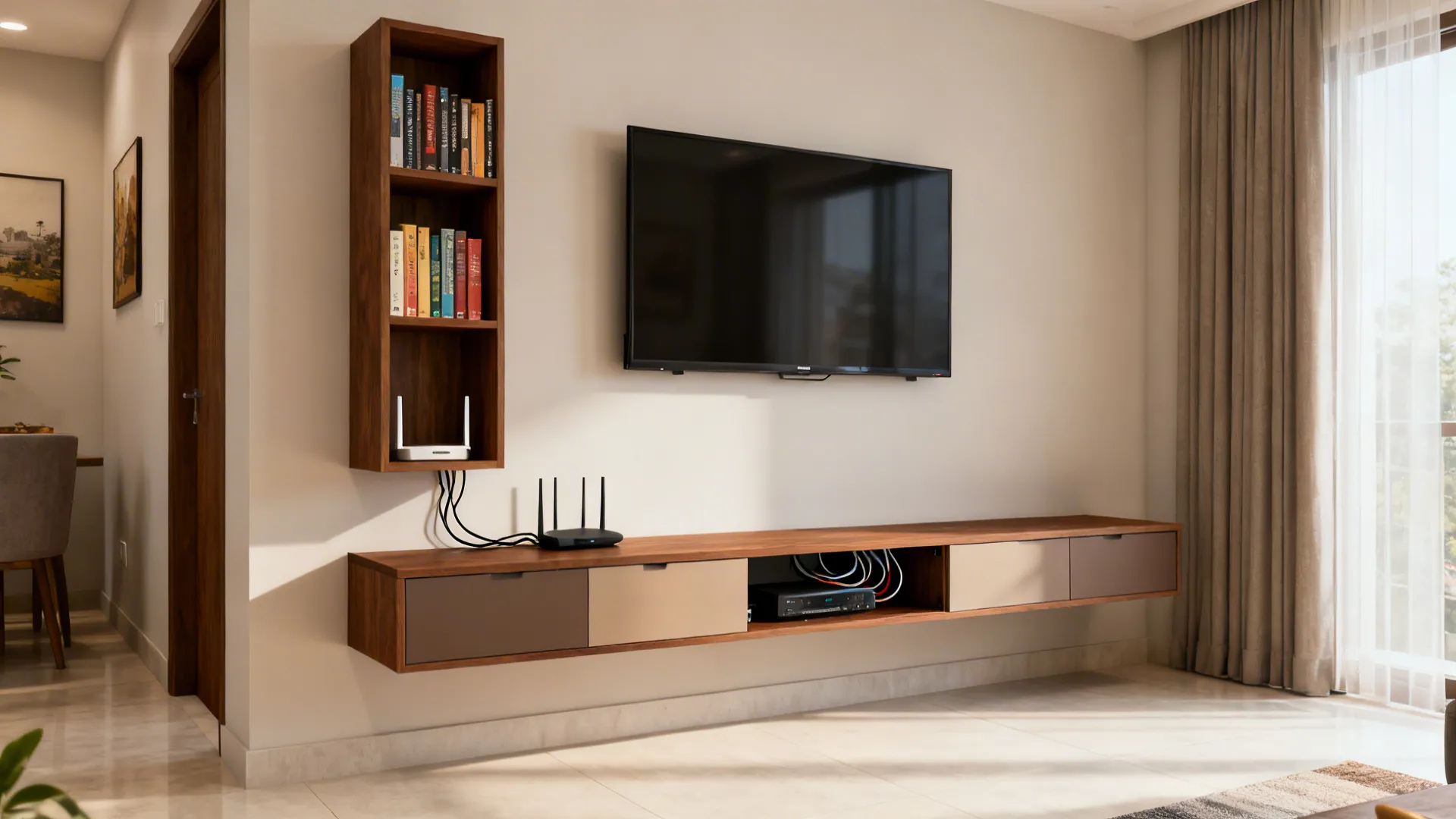 Floating low media console with hidden cables and a single vertical storage column in a small living room.