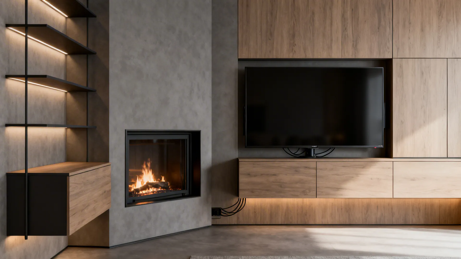 Floating shelves and cabinets framing a corner fireplace with a pivot TV in a compact living room