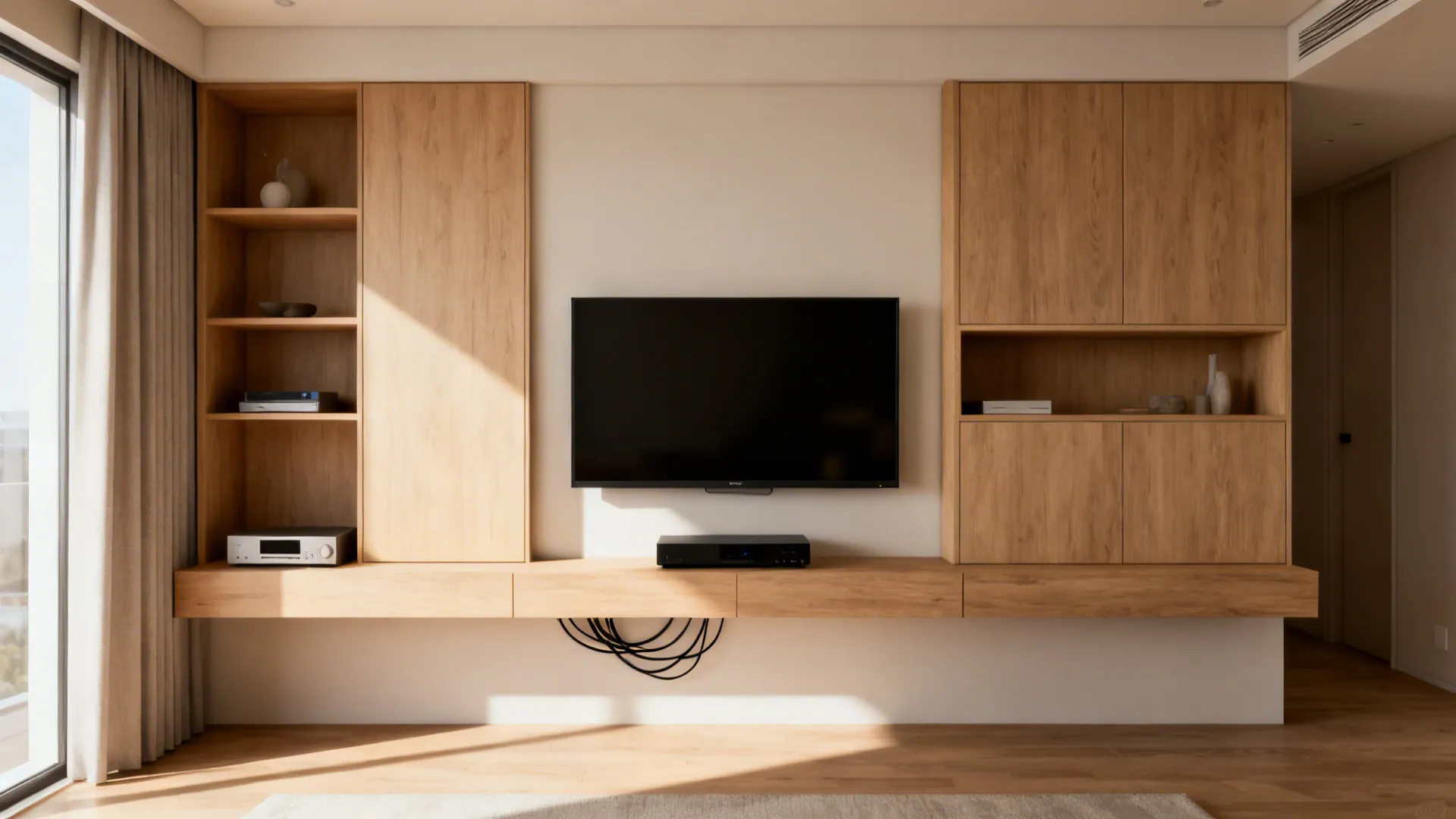 Floating media wall with recessed cabinets and a wall-mounted TV in a small living room