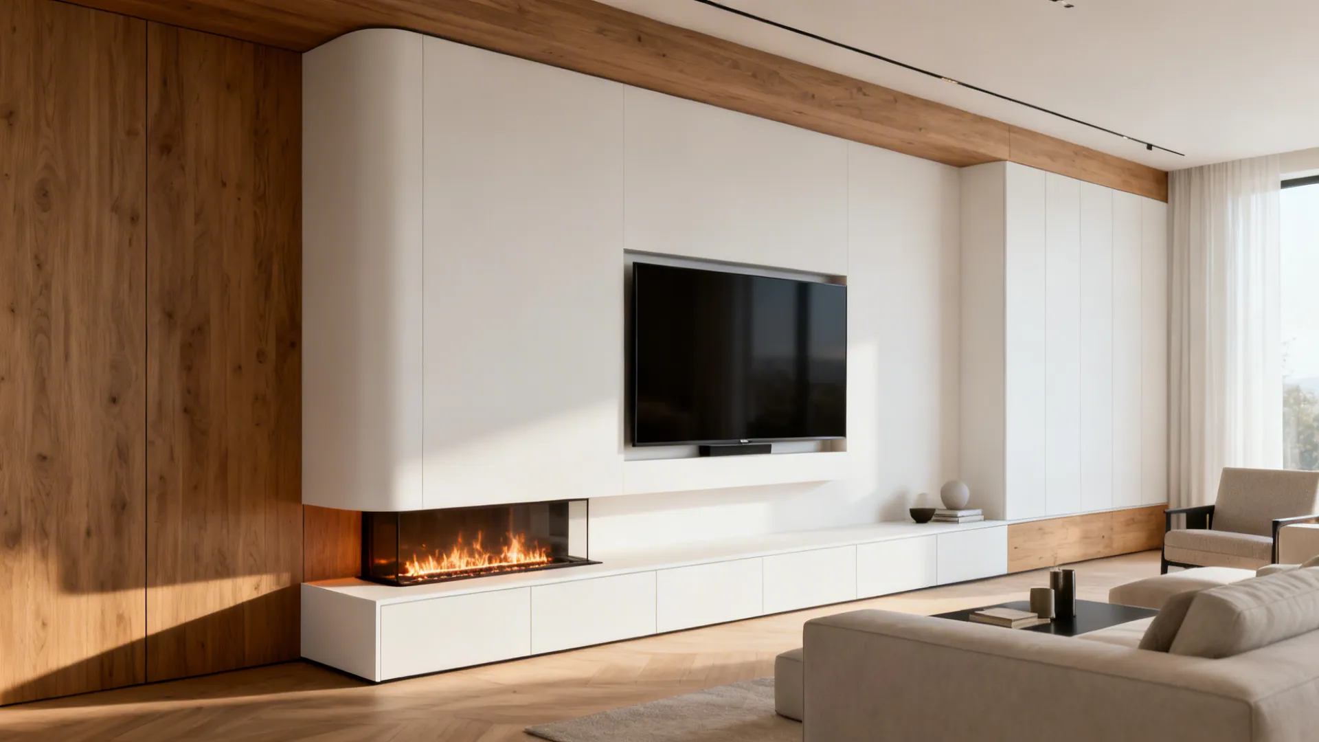 Minimal living room with a floating media wall wrapping a corner fireplace and a TV recessed for safety.