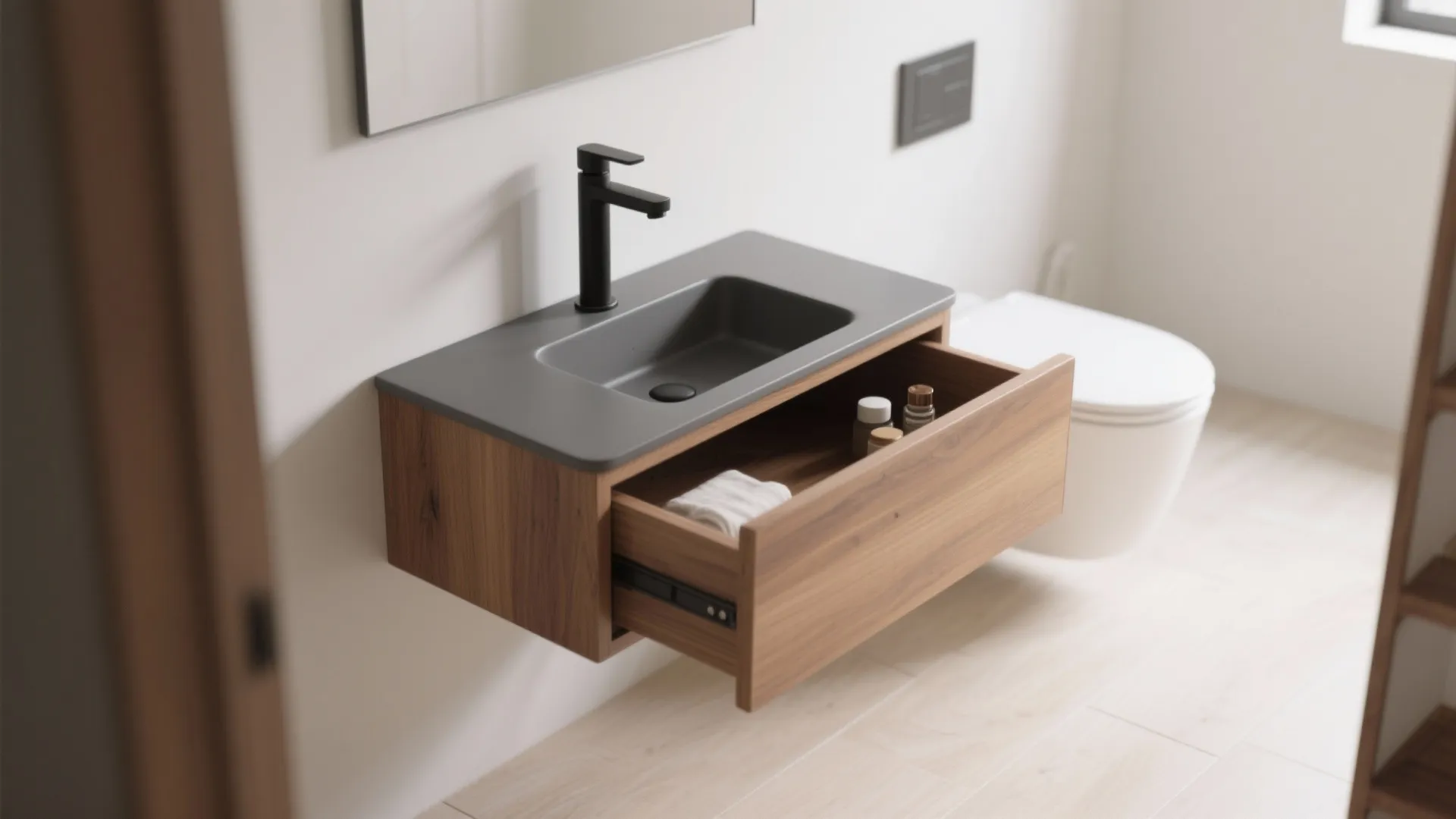 5. Floating mini-vanities with integrated basins — storage without bulk