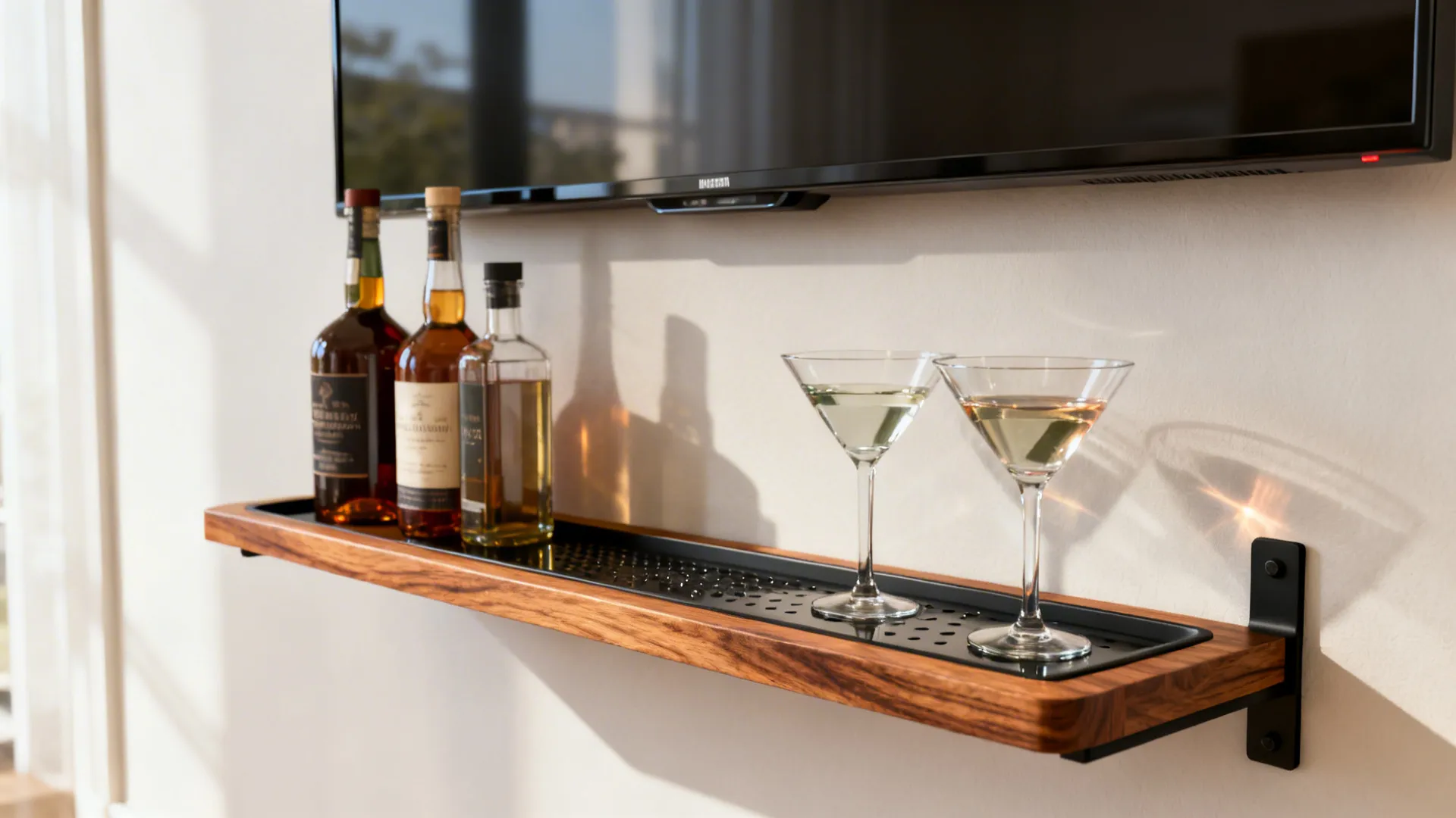 Close-up of a slim floating minibar shelf with drip tray, bottles and glasses under a TV.