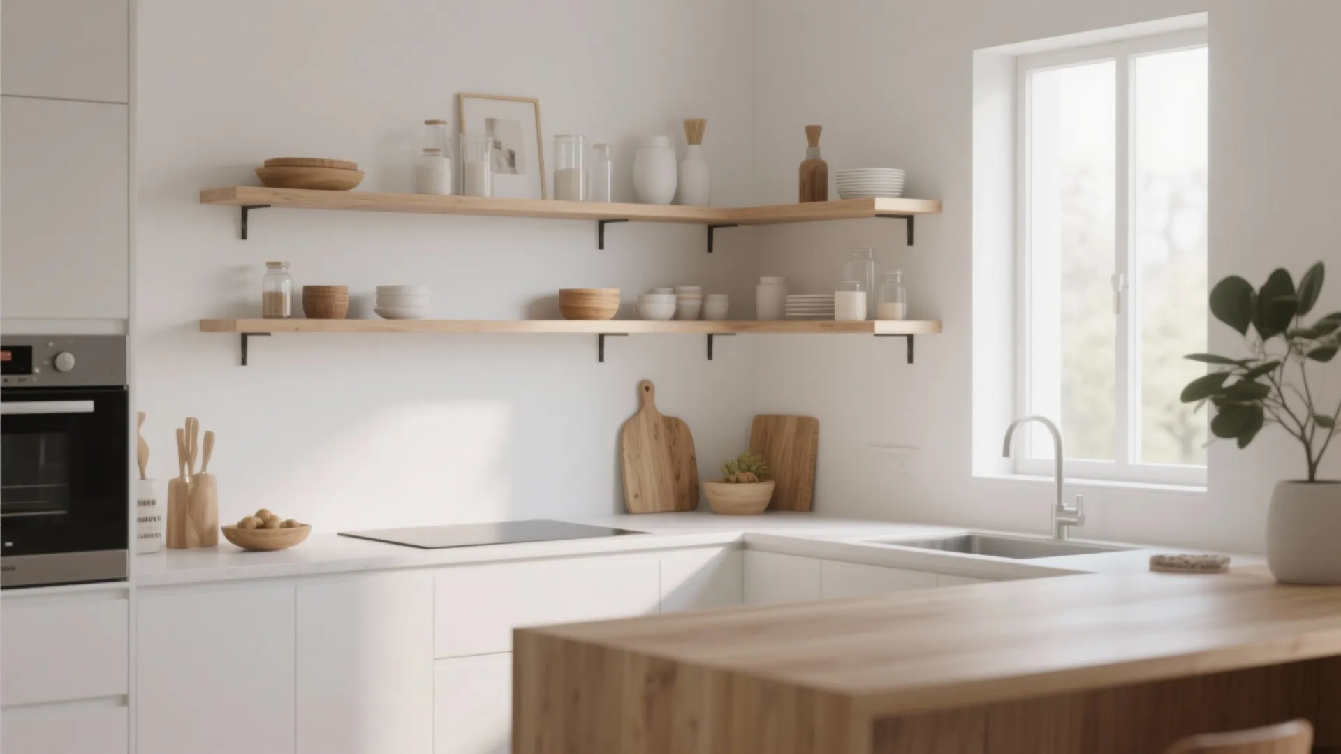 Modern white kitchen design with two long wooden wall shelves holding bowls, jars, and plates