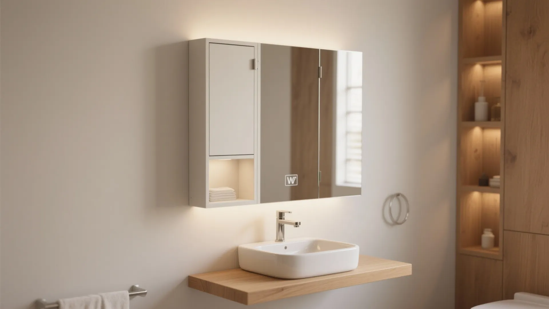 Modern bathroom with white sink on wood shelf and light-up mirror cabinet on plain wall