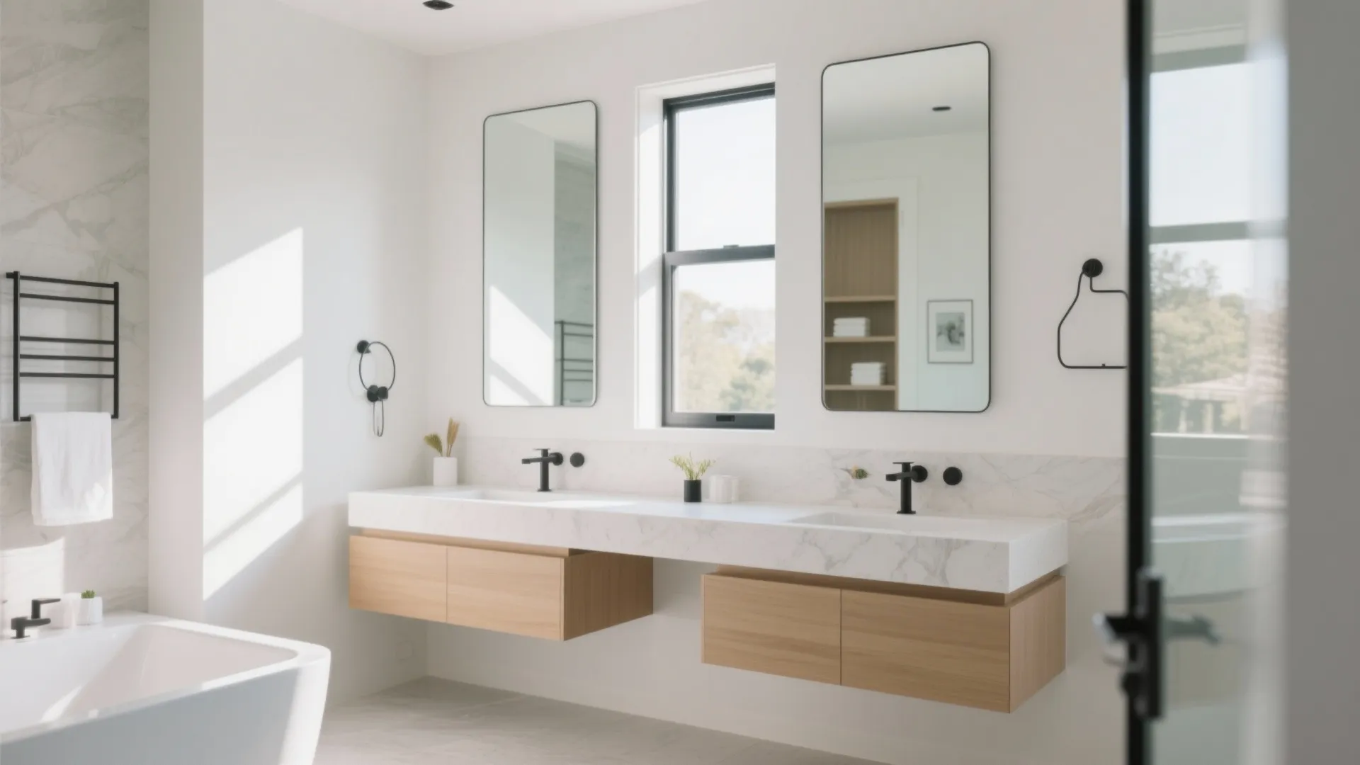 Modern white bathroom featuring double floating wood vanity with marble top and two vertical mirrors