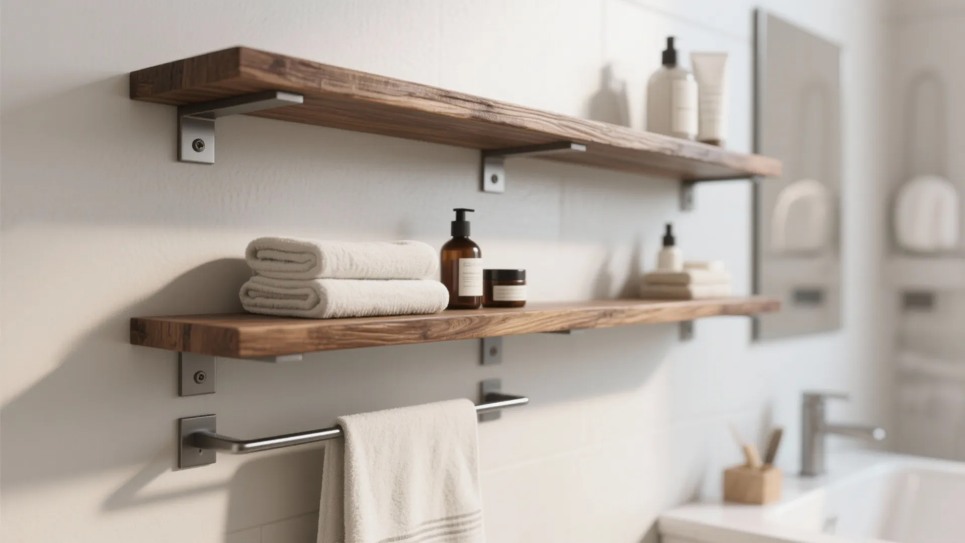 Two wooden floating shelves on white wall holding folded towels and bottles above towel rack