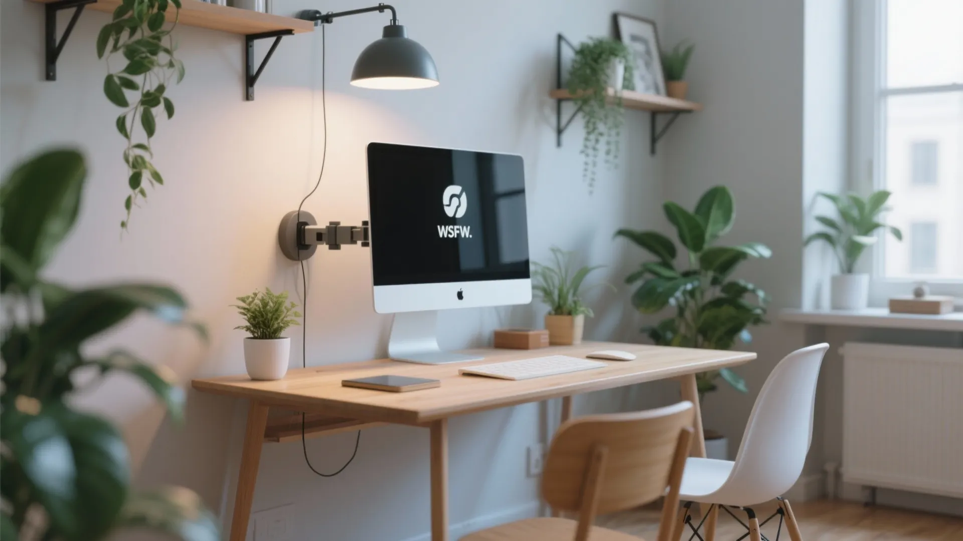 Computer monitor on wall mounted arm above wooden desk with white chair and green plants