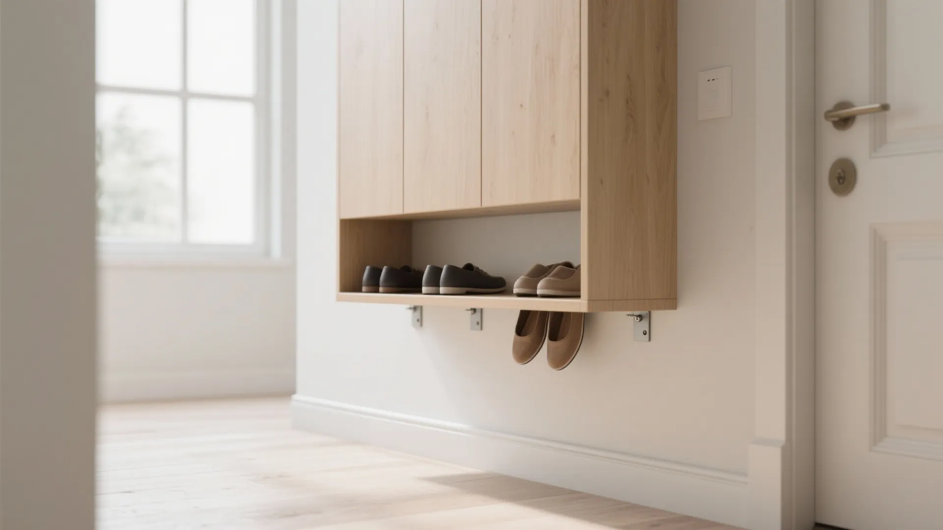 Wooden floating wall cabinet mounted near white door holding several pairs of shoes in hallway