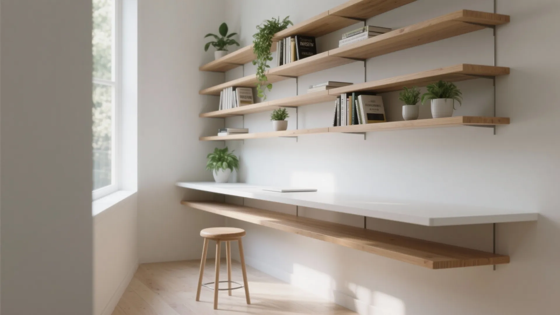 2. Narrow floating desk with integrated shelves