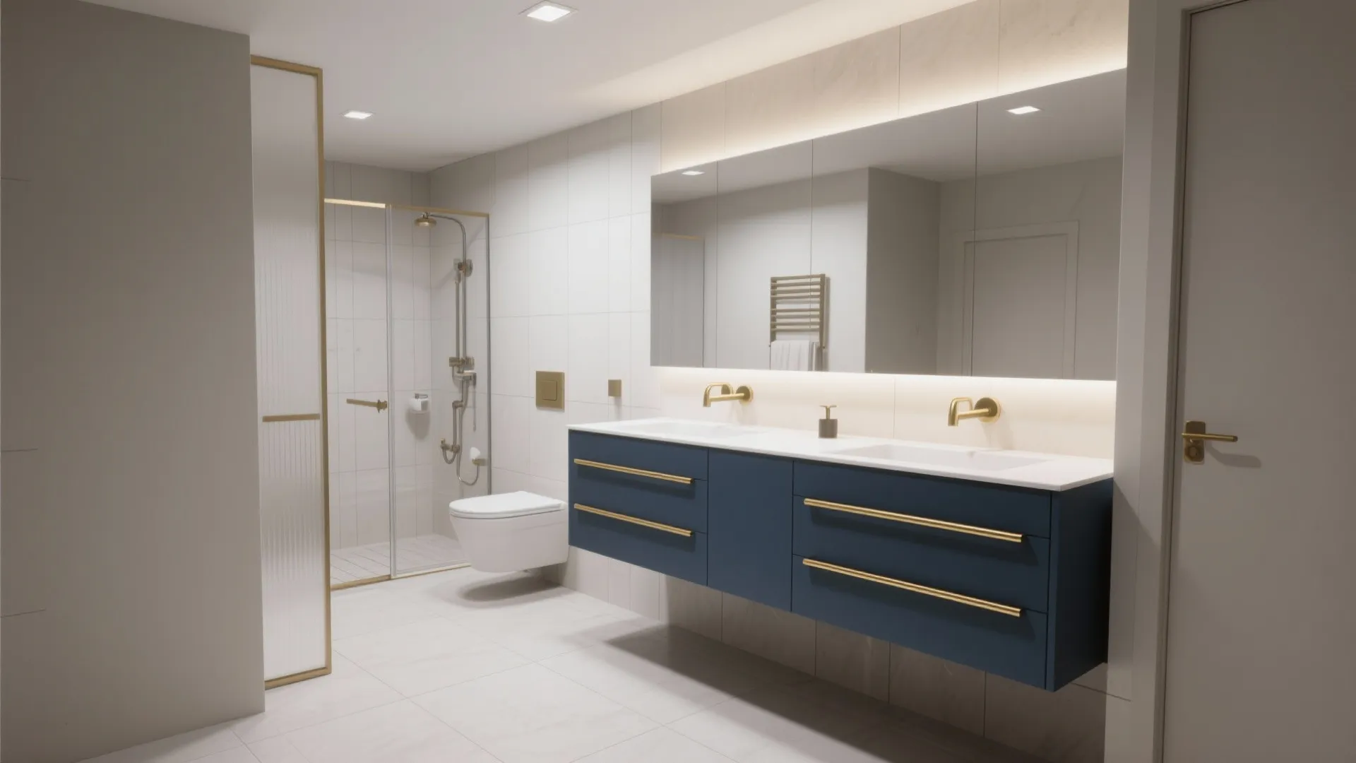Floating navy vanity with thin gold bar handles in a compact bathroom, showing open floor space