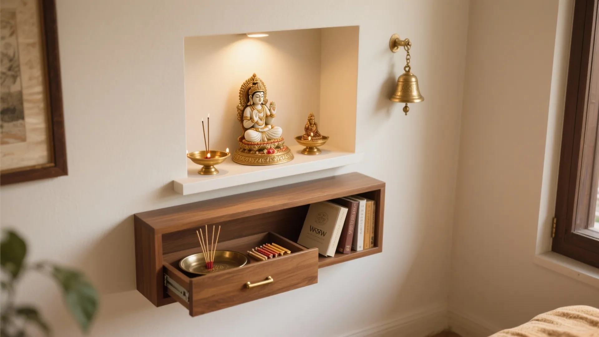 Floating niche mandir with hidden storage