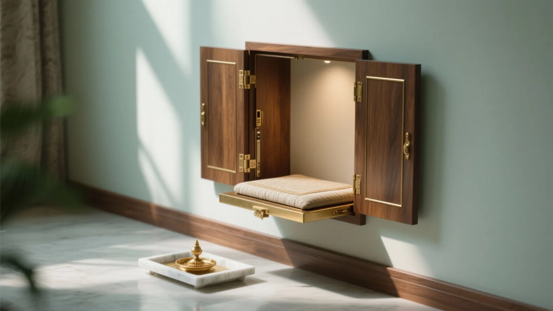 Floating niche with fold-down aasan