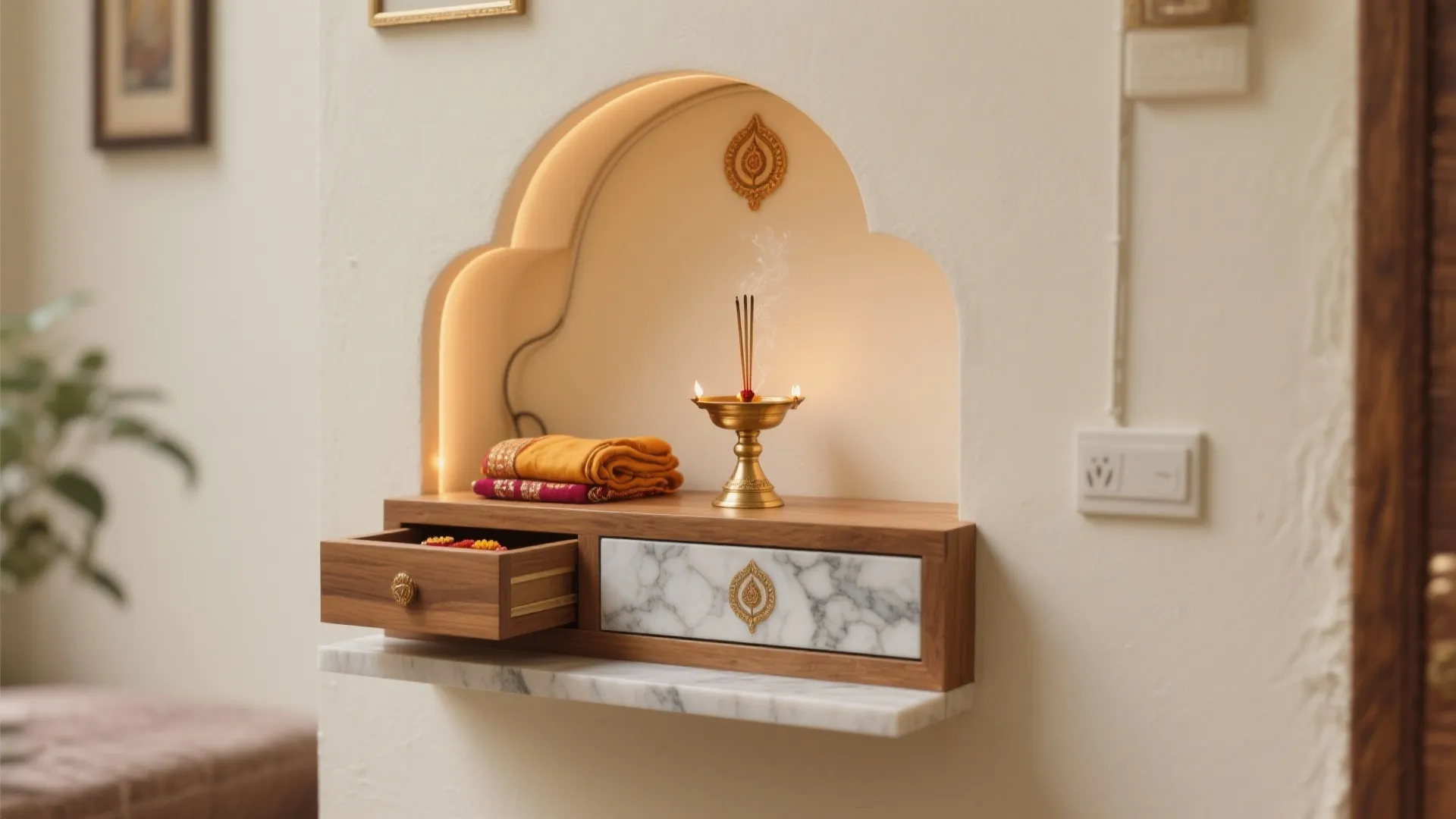 Floating Mandir Shelf with POP Niche and Hidden Storage