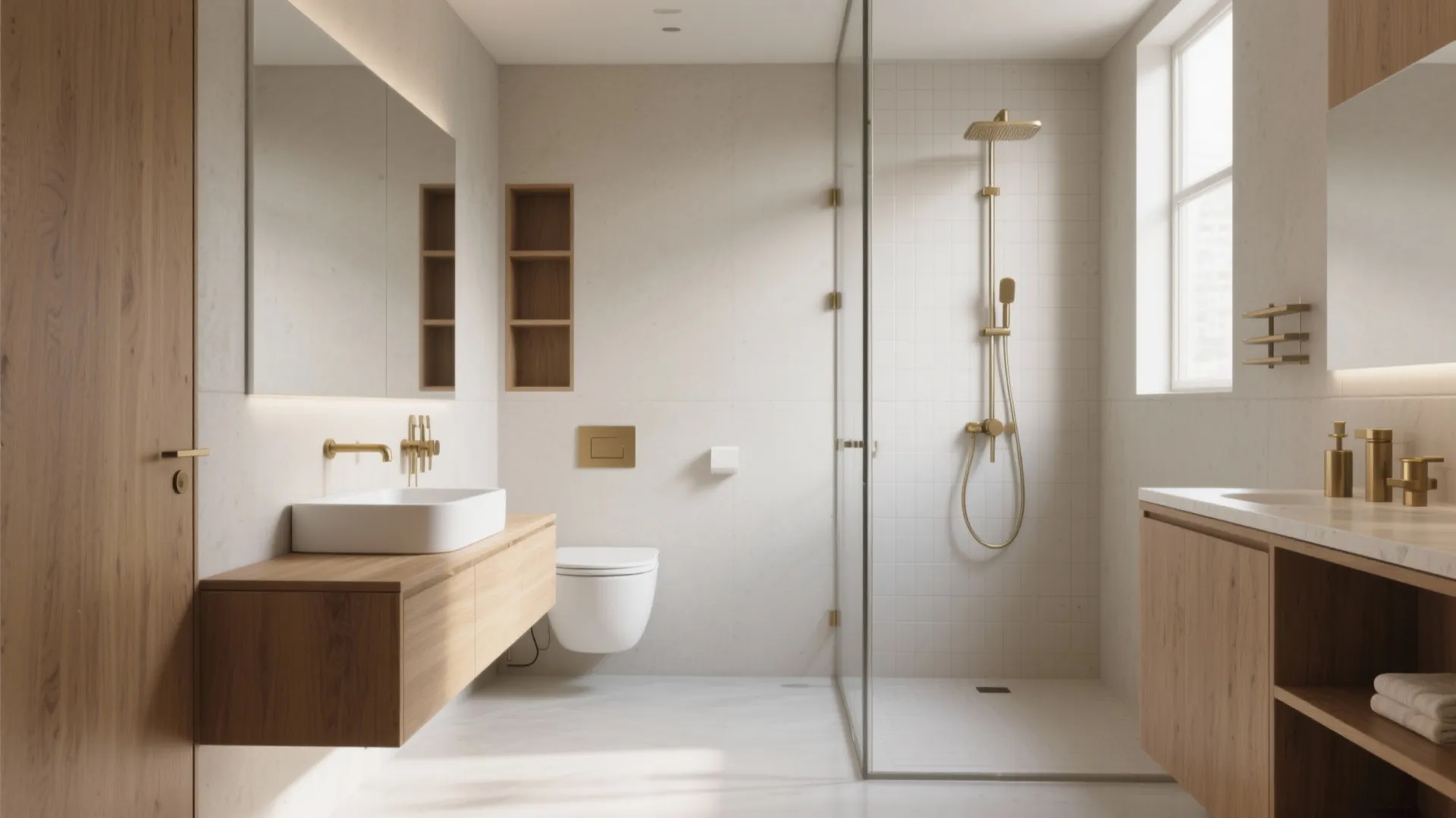 Minimalist bathroom interior with wooden cabinet white sink glass shower room and gold bathroom light fixtures