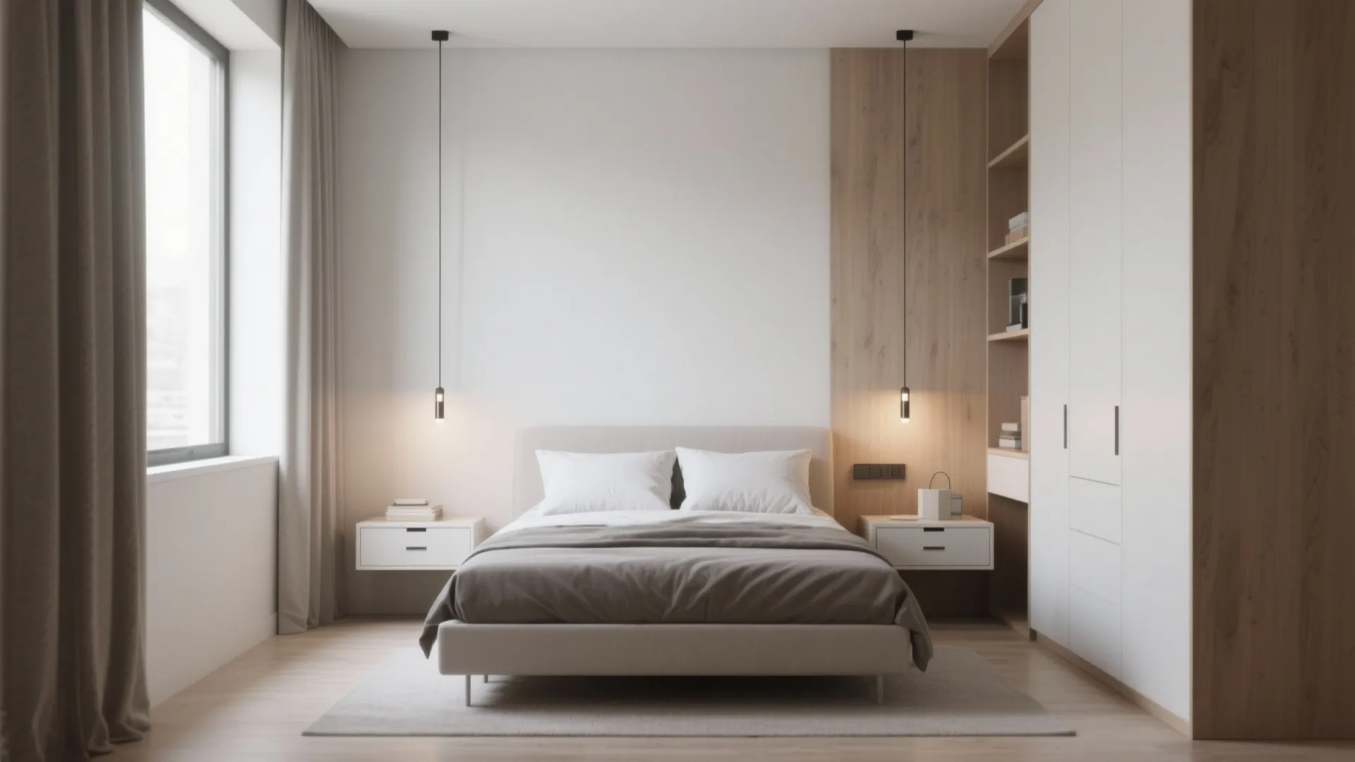 Modern bedroom with neutral bed floating nightstands hanging light fixtures large wardrobe and grey curtains