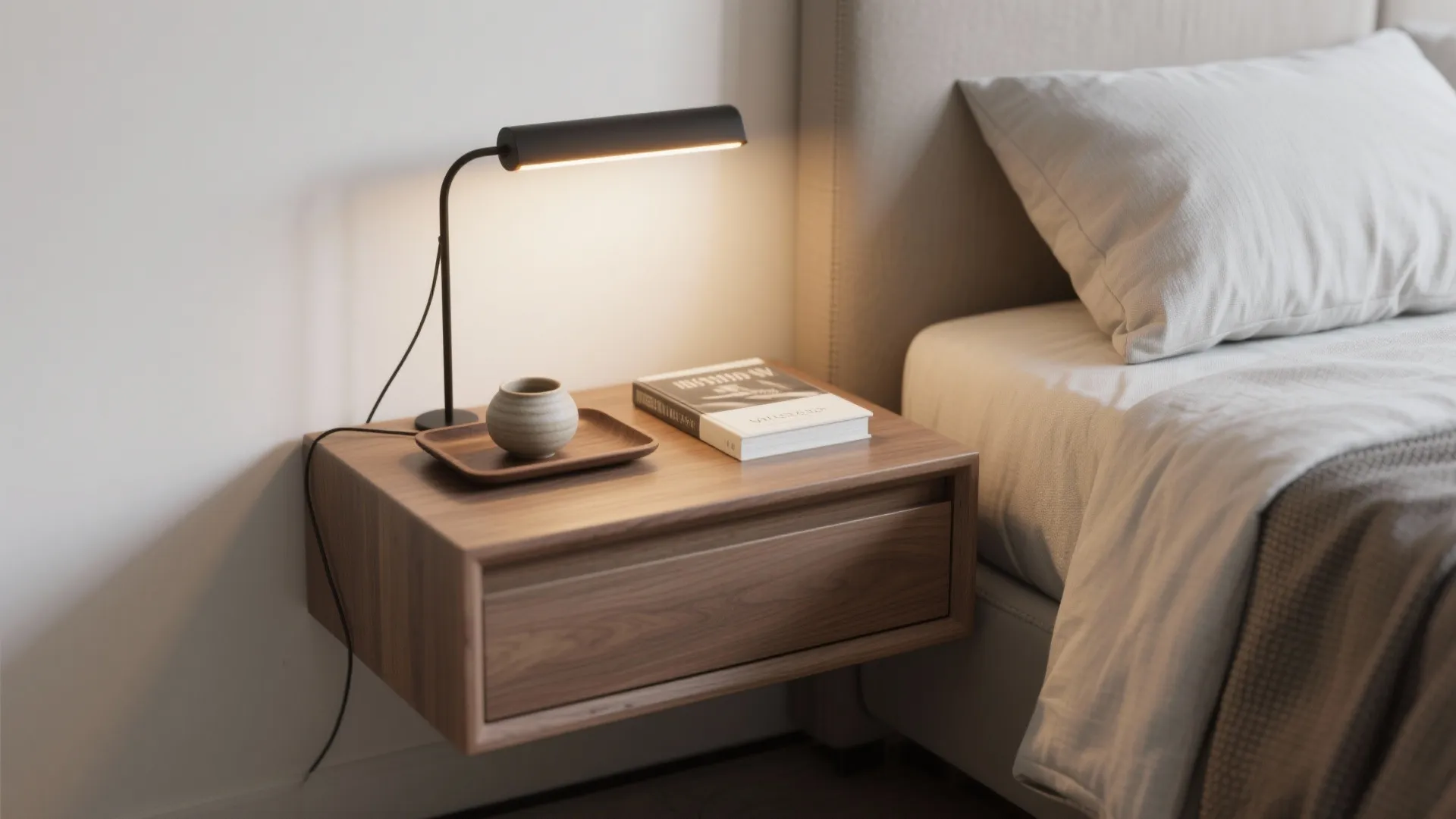 2. Floating Nightstands + Slim Lighting