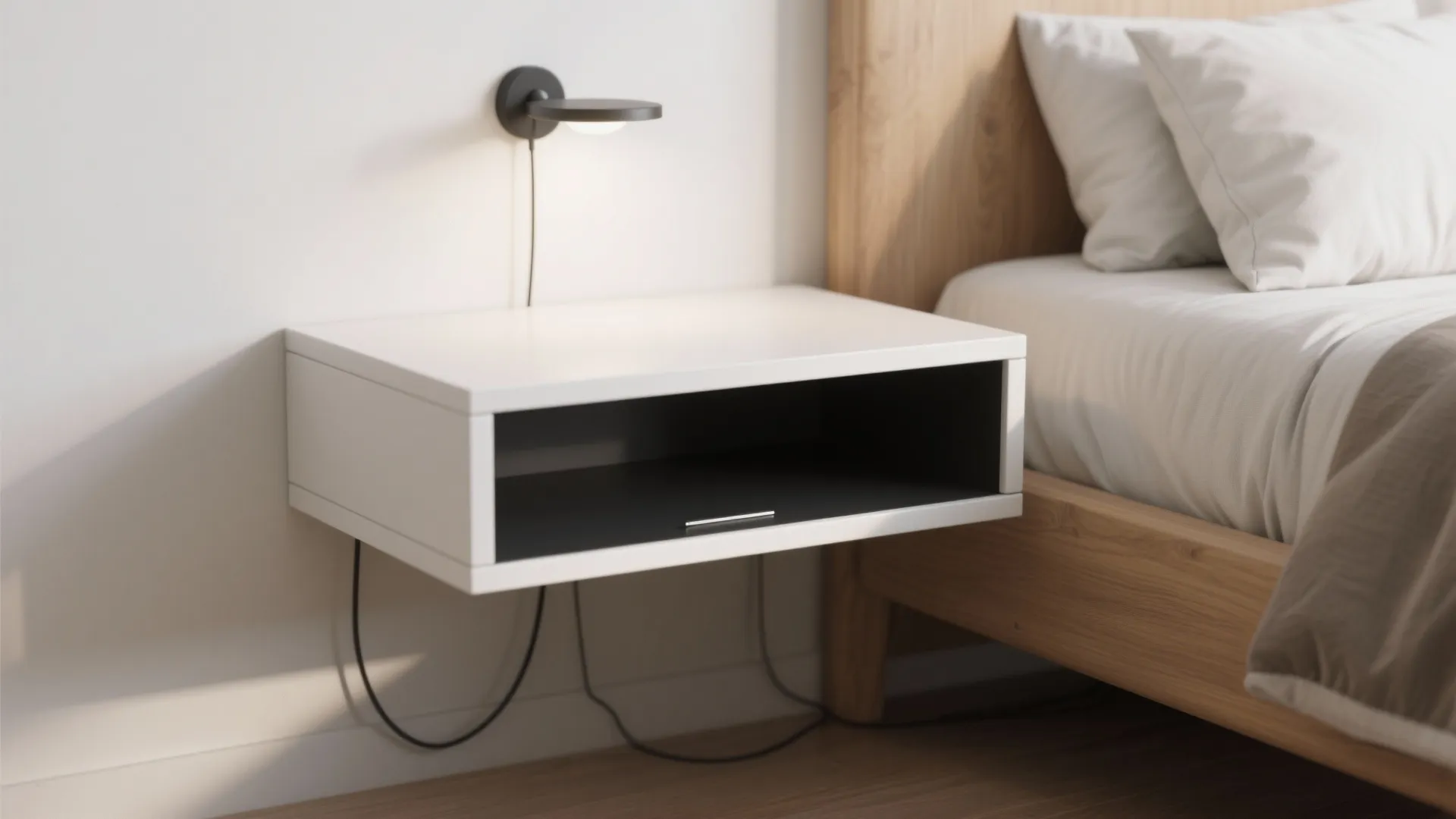 Float everything: nightstands, lighting, and curtain track