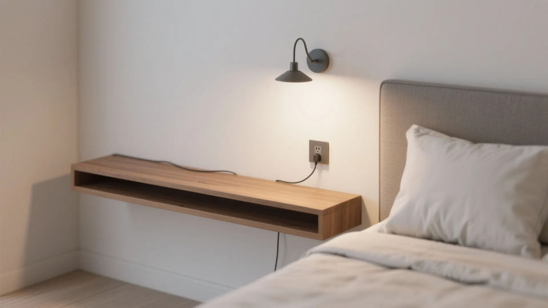 Wall-mounted nightstands and plug-in sconces