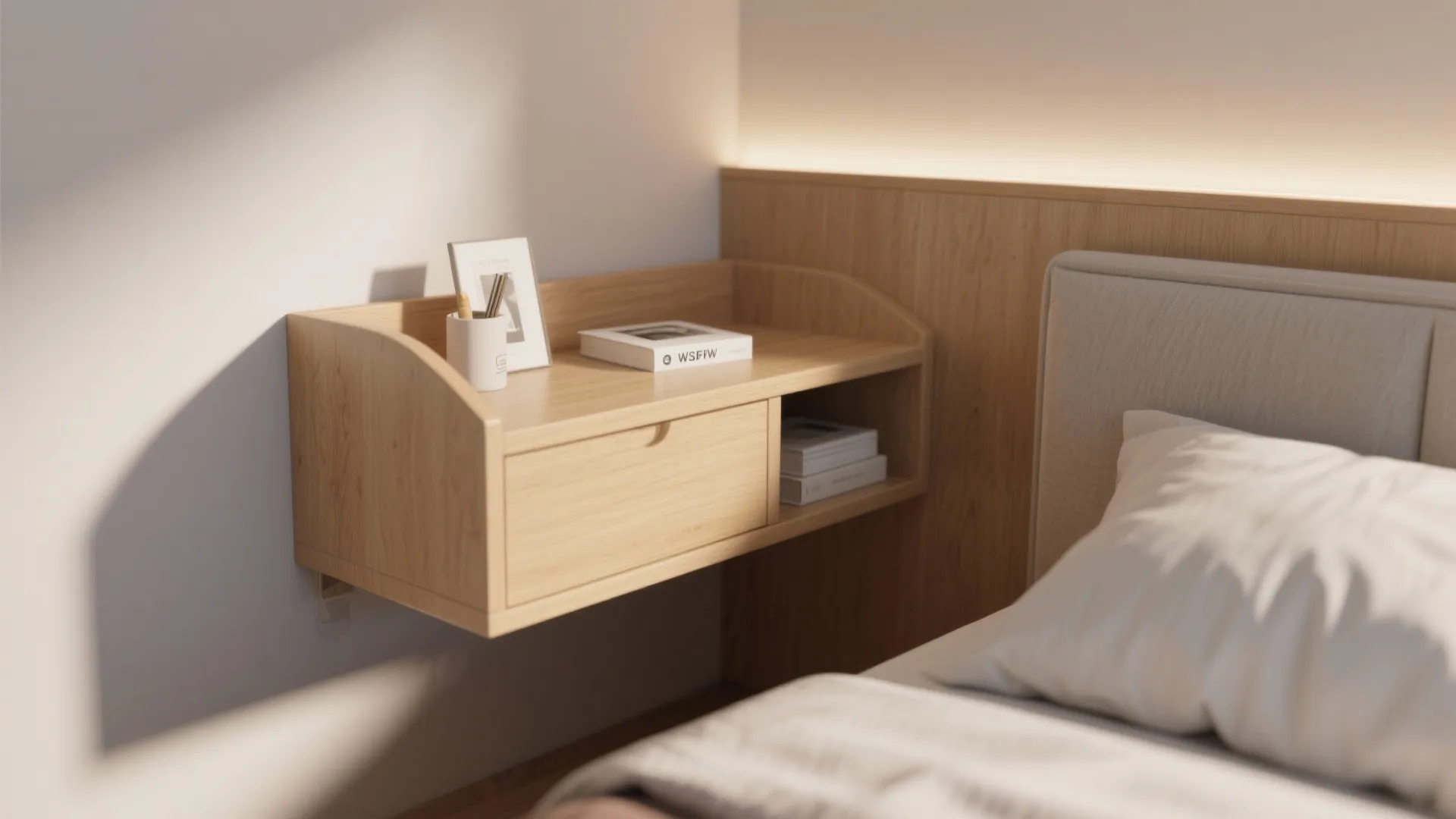 Wooden wall mounted bedside table with a small drawer and shelf next to a cozy bed