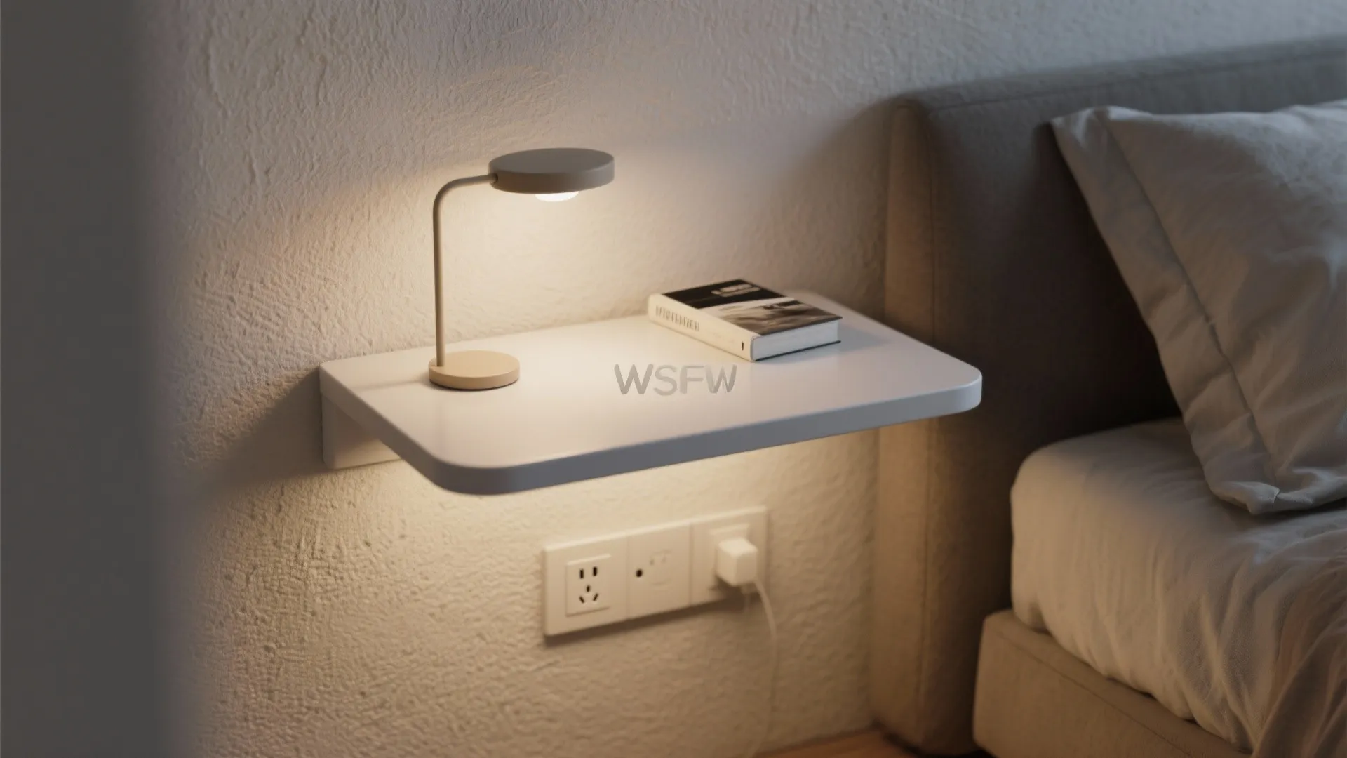 White floating shelf holding a small lamp and book next to a comfortable upholstered bed