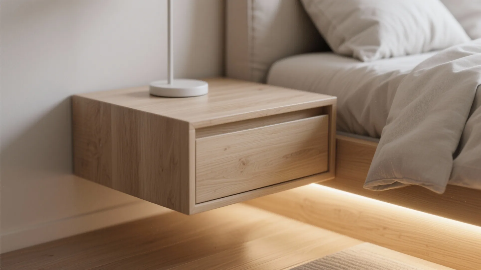 Floating wooden bedside table with a single drawer attached to a bed with warm lighting