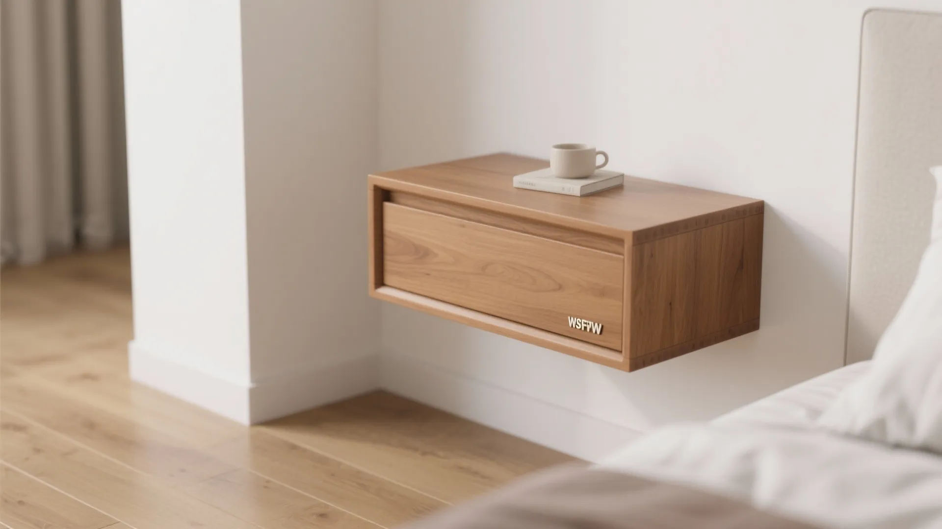 Modern wooden floating wall cabinet next to bed with white coffee cup on top surface