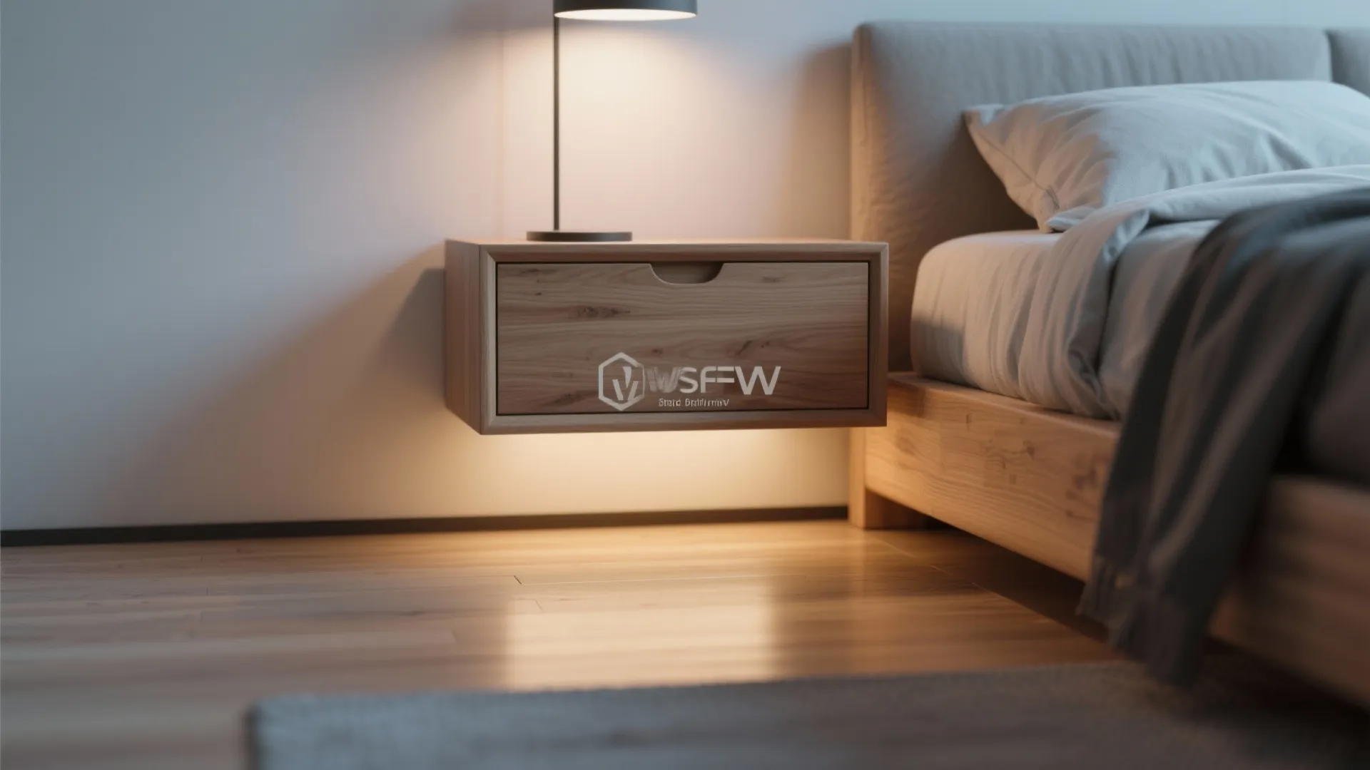 Wooden floating cabinet beside a bed with warm light underneath and a black desk lamp