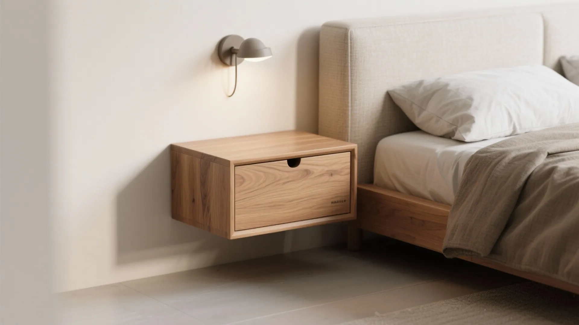 Minimalist wooden bedside table mounted on wall next to fabric bed with modern wall light