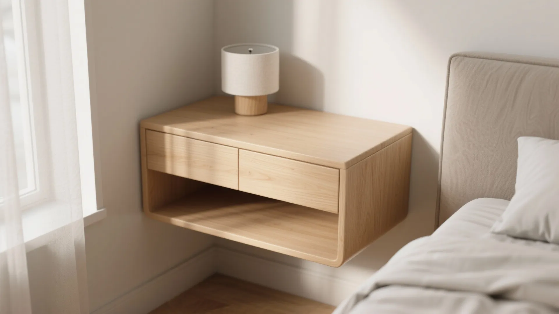 Floating wooden bedside drawer with small lamp fixed to neutral wall next to soft bed