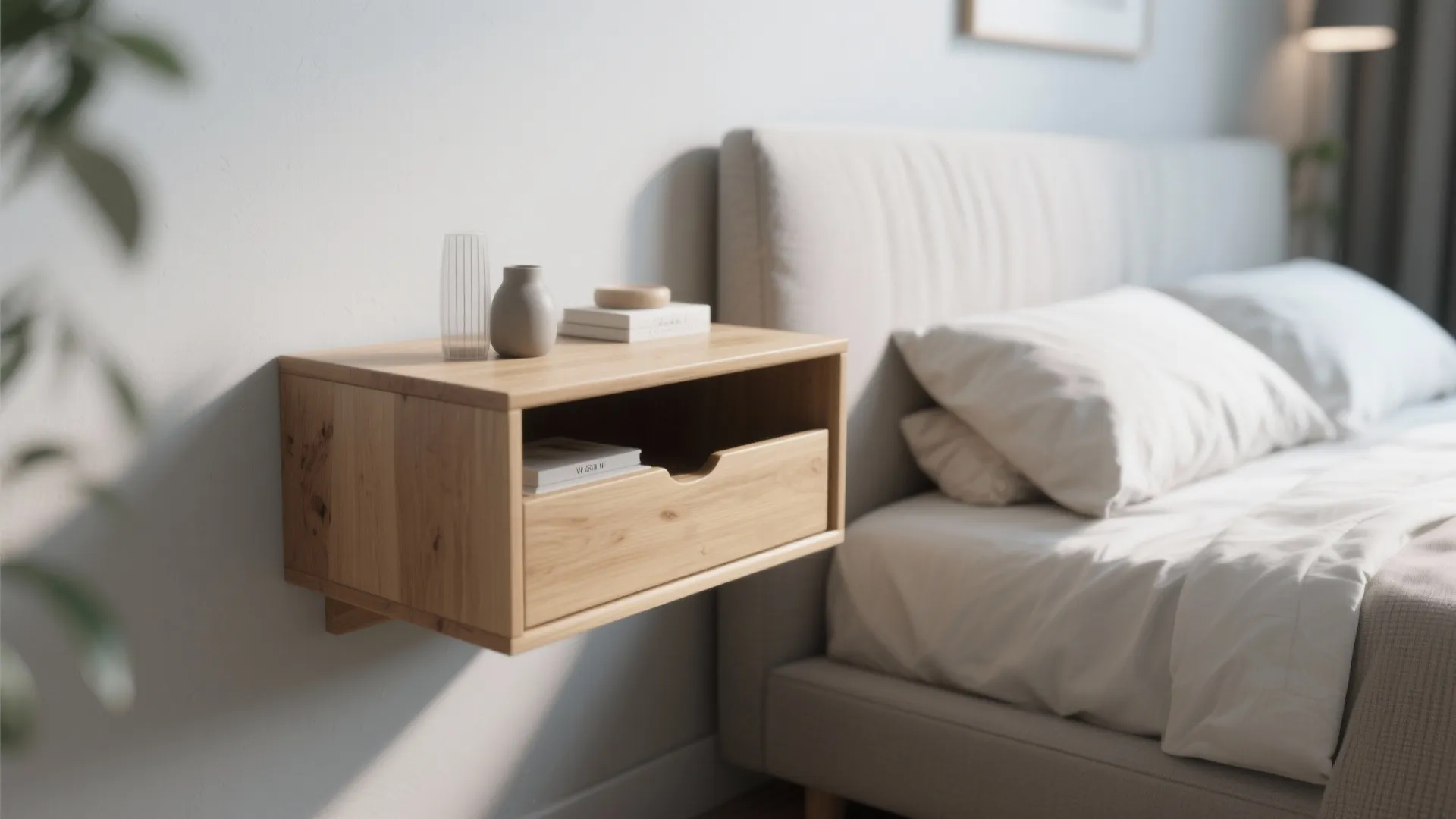 Modern wooden wall cabinet next to a comfortable bed with white pillows and natural light