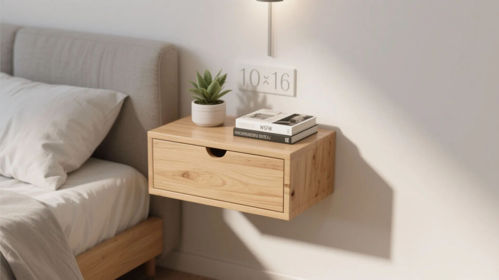Modern wooden floating nightstand with green plant and books next to a soft grey bed